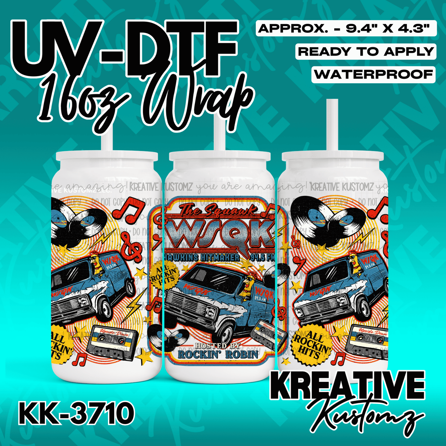 A UV DTF cup wrap featuring a retro radio station theme with a van, cassette tapes, and records.