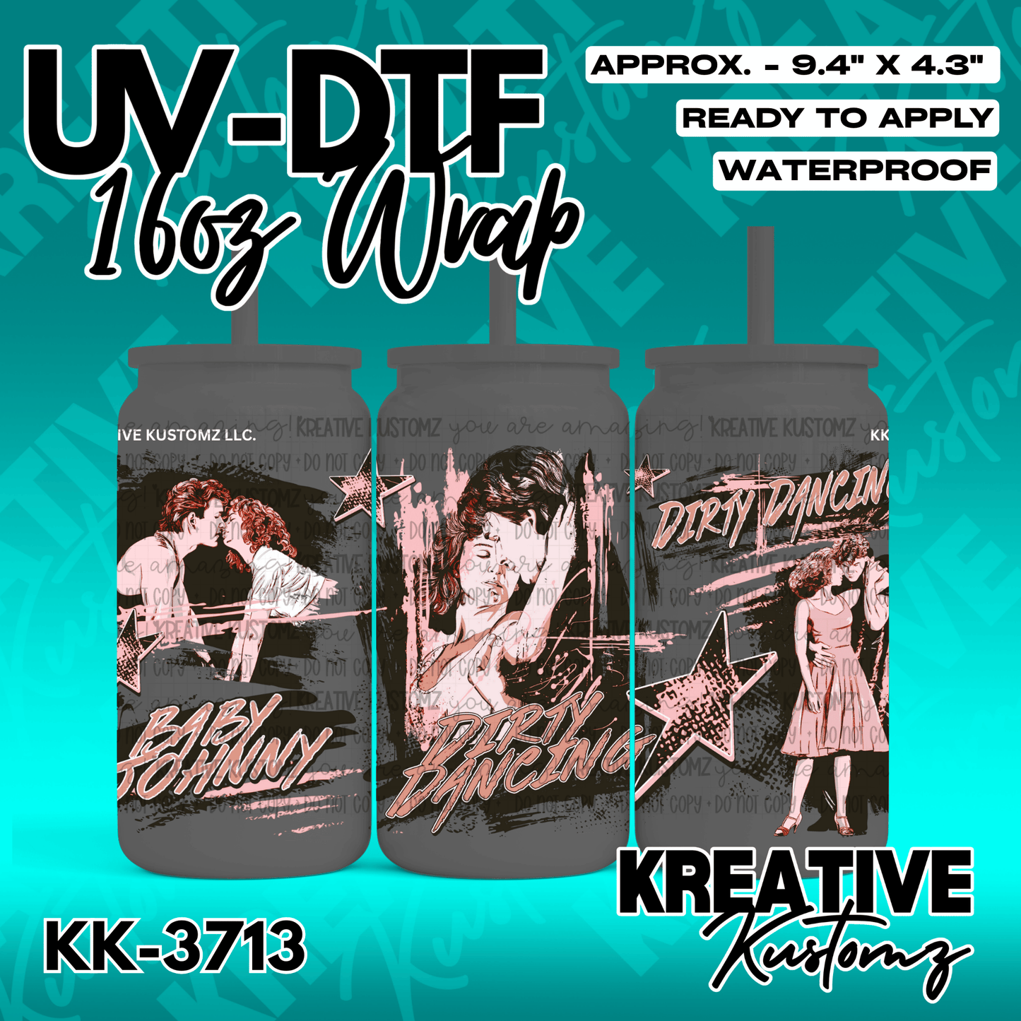 A Dirty Dancing themed adhesive wrap for a 16oz glass can featuring scenes from the movie.