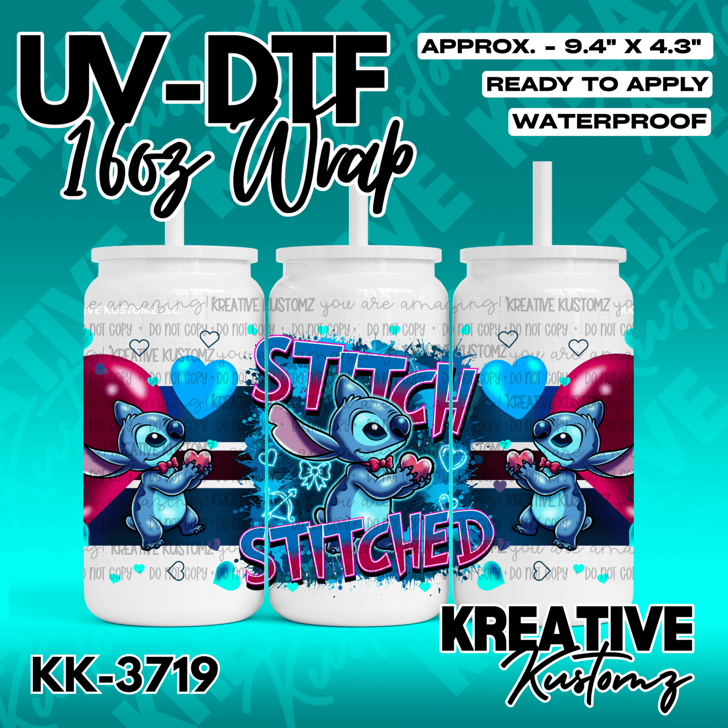 A Stitch themed adhesive wrap for a 16oz glass cup featuring blue hearts and text.