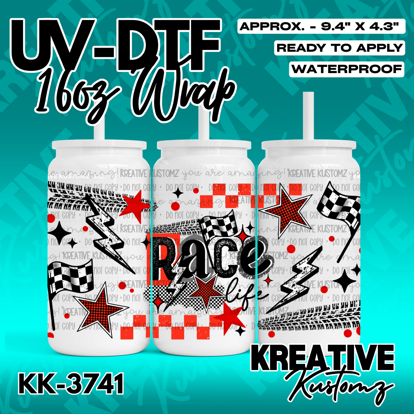 A racing-themed UV DTF adhesive wrap for 16oz glass cans featuring checkered flags and stars.