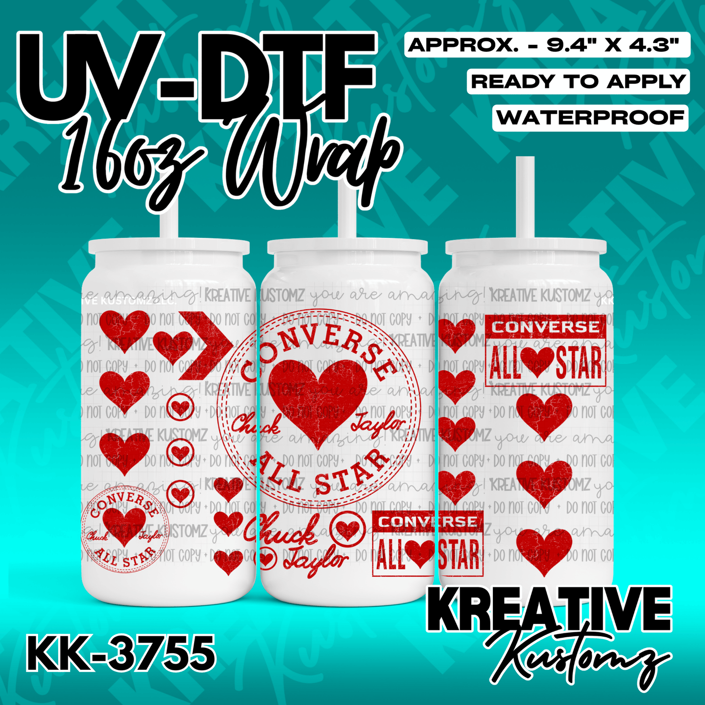 A UV DTF cup wrap featuring red hearts and Converse All Star branding for a 16oz glass can.
