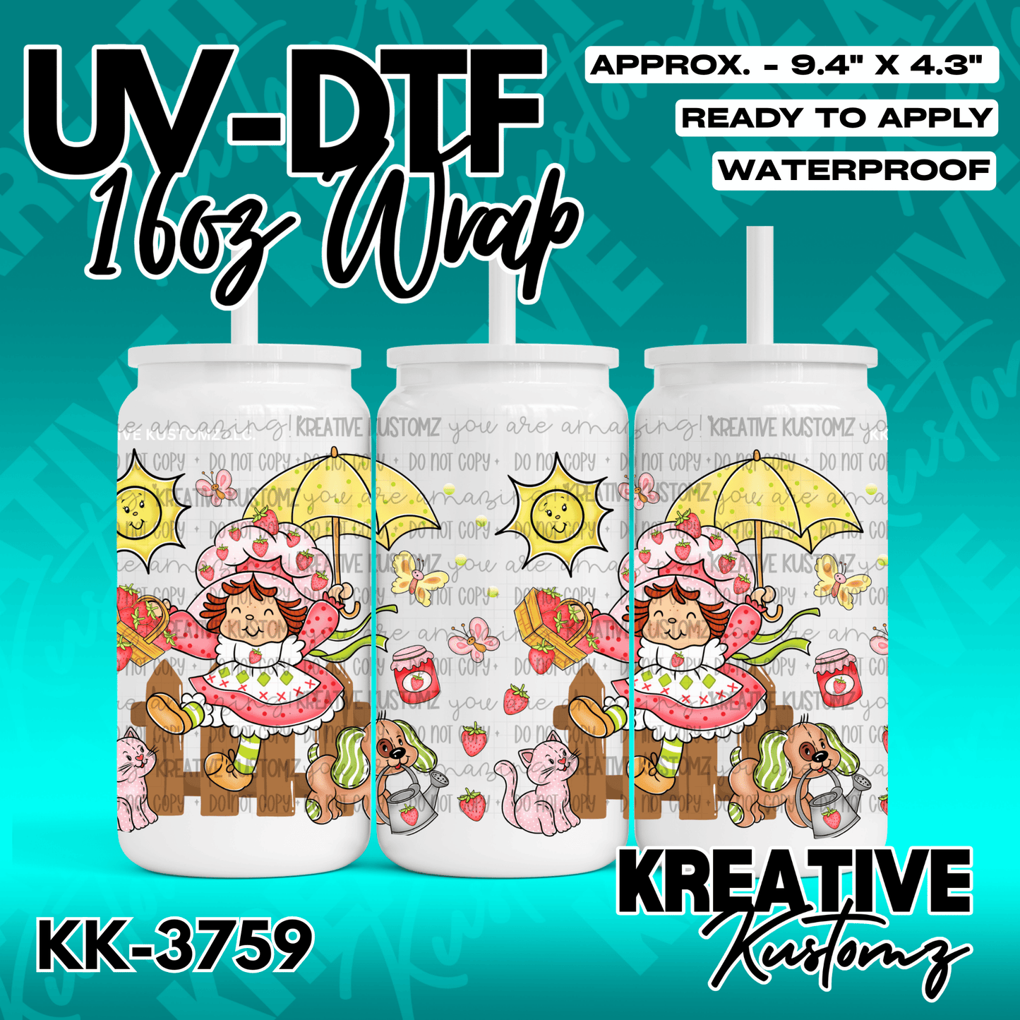 A strawberry-themed UV DTF adhesive wrap for a 16oz glass can featuring a cartoon girl and animals.