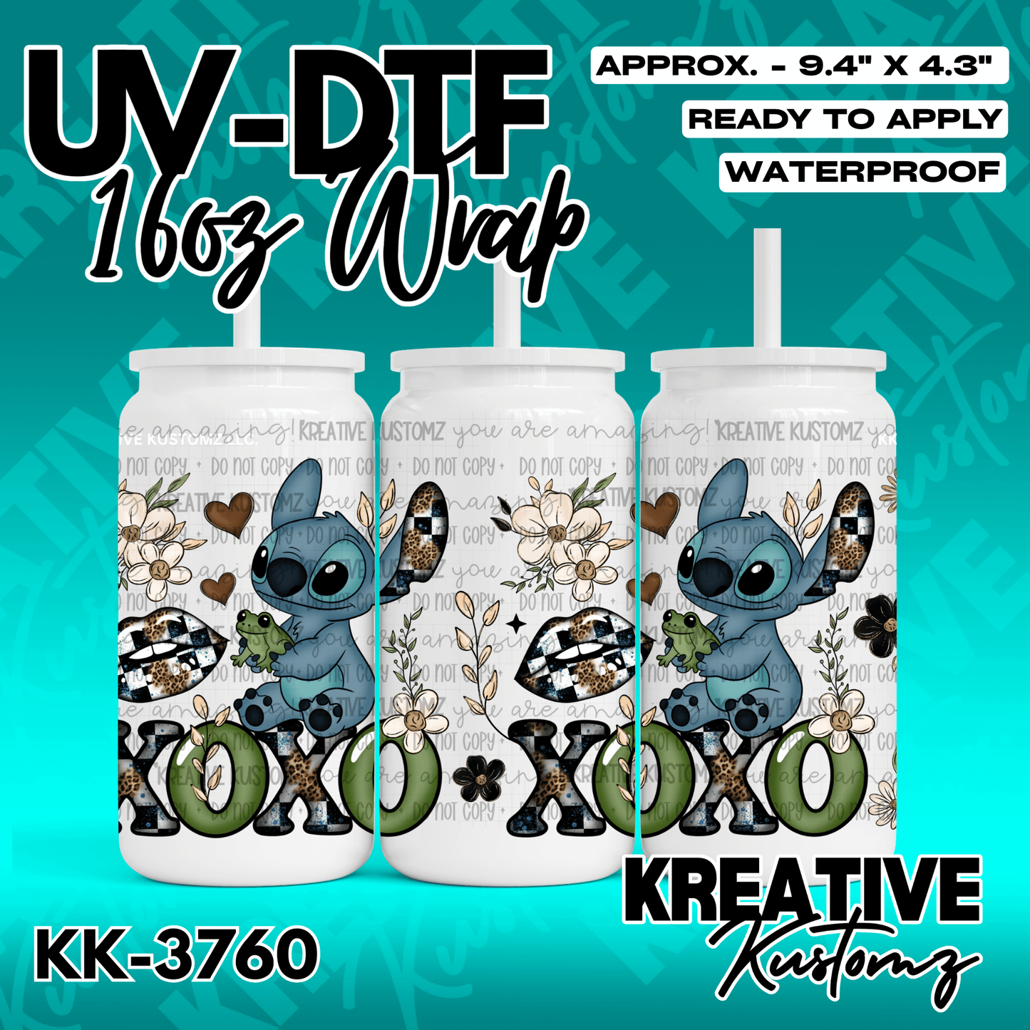A UV DTF cup wrap featuring Stitch, flowers, lips, and the text XOXO on a white background.