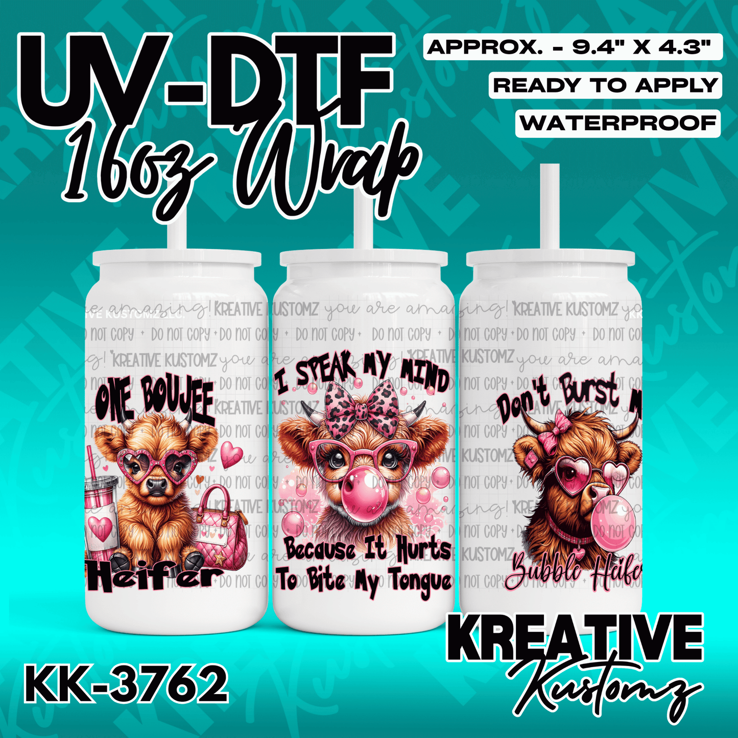 A UV DTF cup wrap featuring three highland cows with pink accessories and sassy text.