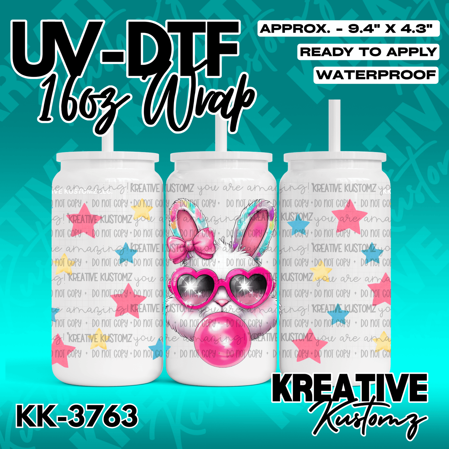A UV DTF adhesive wrap for a 16oz glass can featuring a bunny wearing heart-shaped sunglasses.