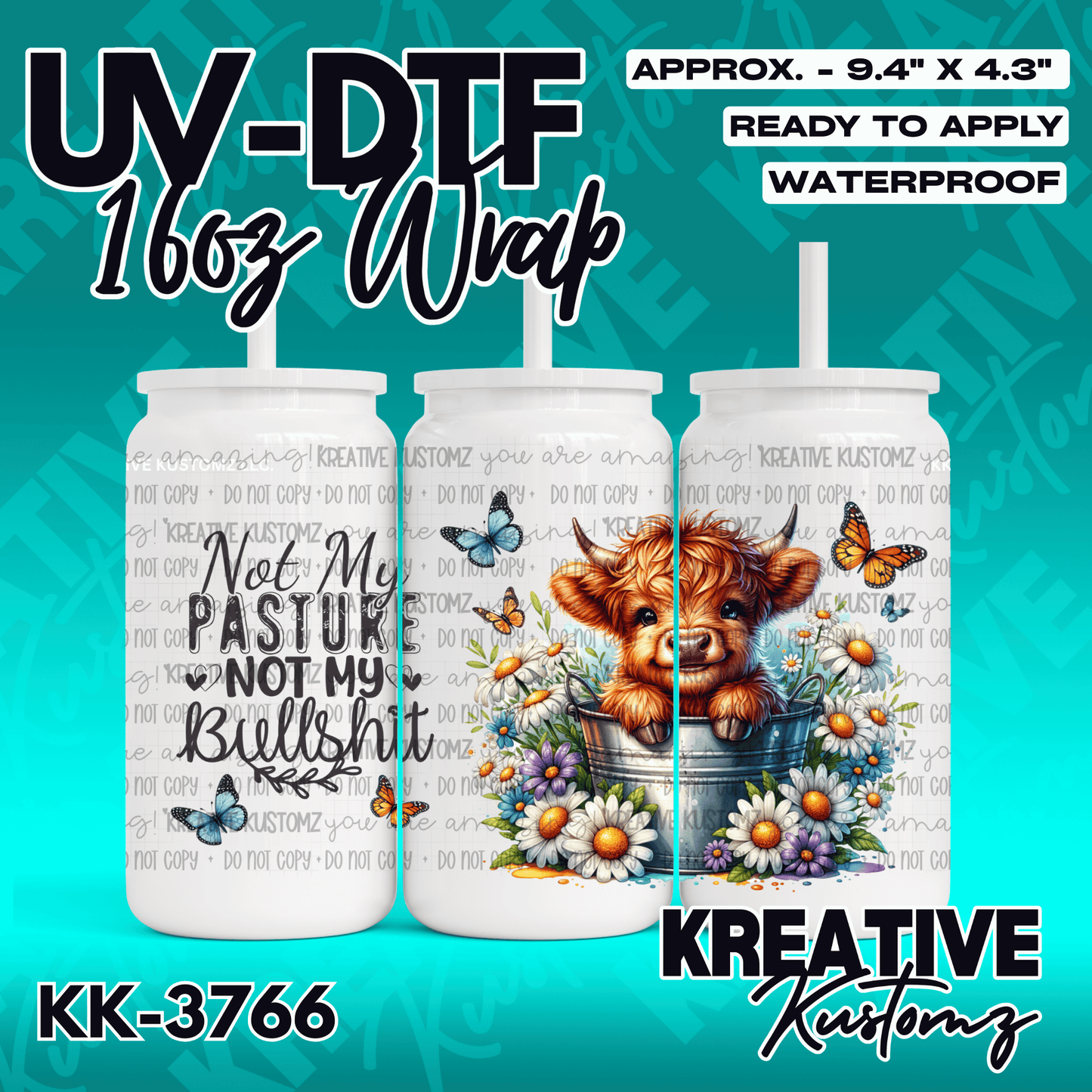 A UV DTF adhesive wrap for 16oz glass cans featuring a highland cow, flowers, and butterflies.