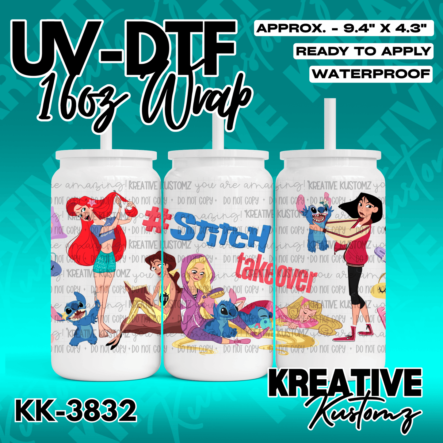 A UV DTF adhesive wrap for 16oz glass cans featuring various Disney characters.