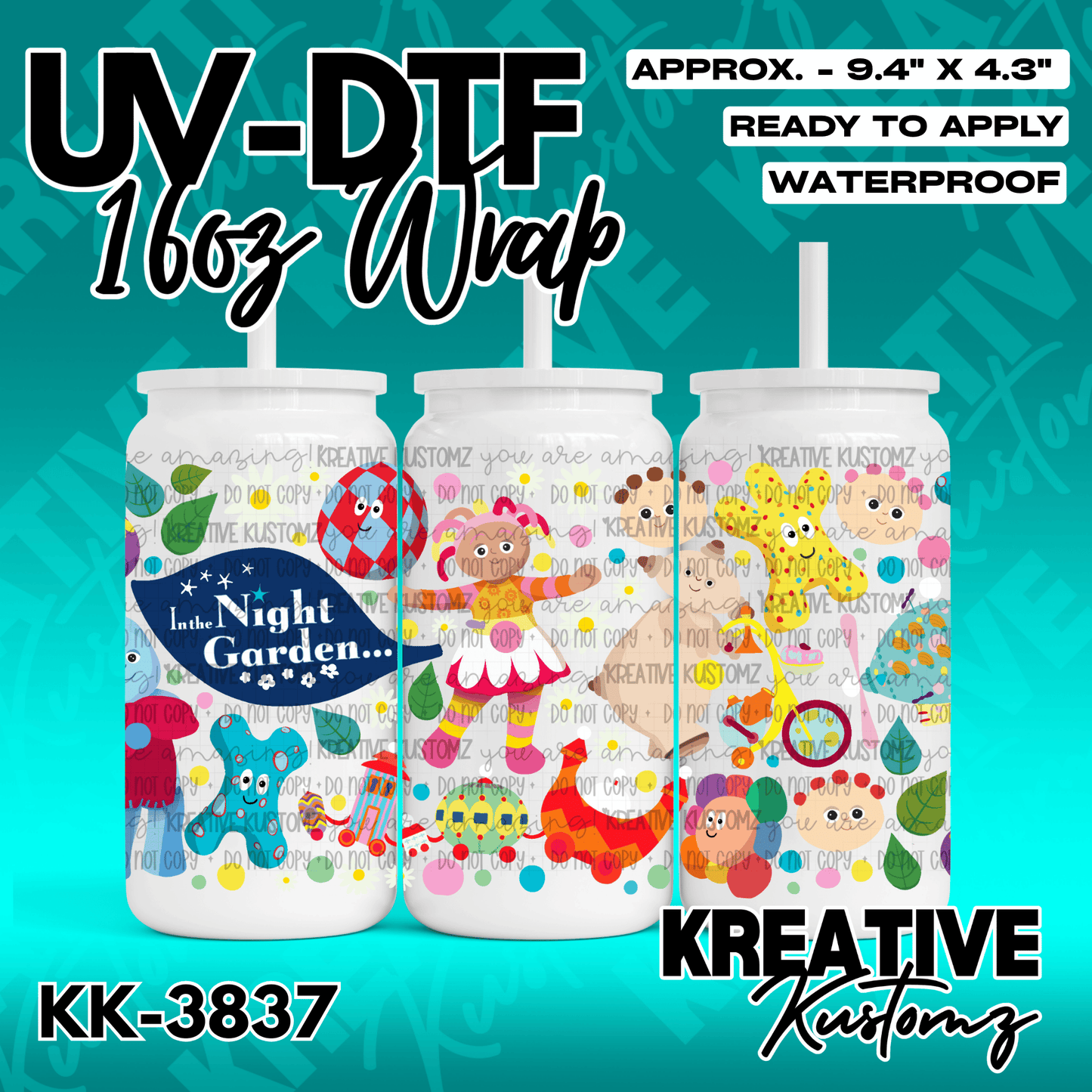 A UV DTF adhesive wrap for a 16oz glass cup featuring colorful In the Night Garden characters.