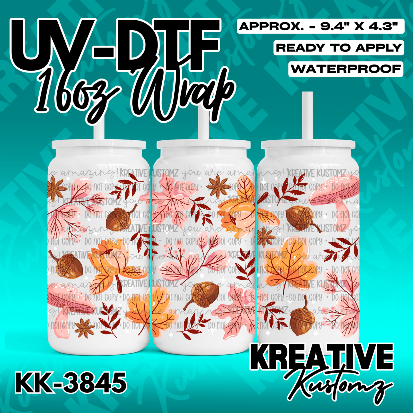 A floral UV DTF adhesive wrap for 16oz glass cans featuring an autumn leaf and mushroom pattern.