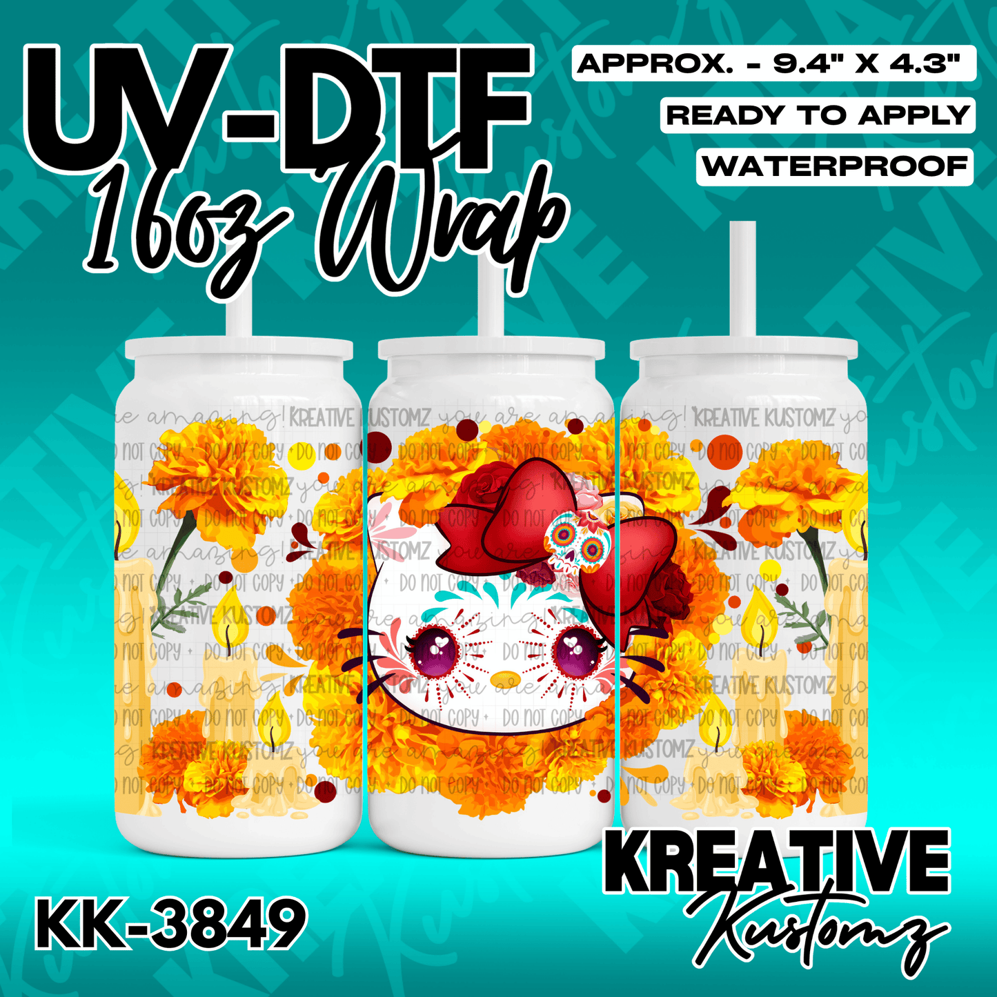 A UV DTF adhesive wrap for 16oz glass cans featuring a Hello Kitty sugar skull and marigold design.