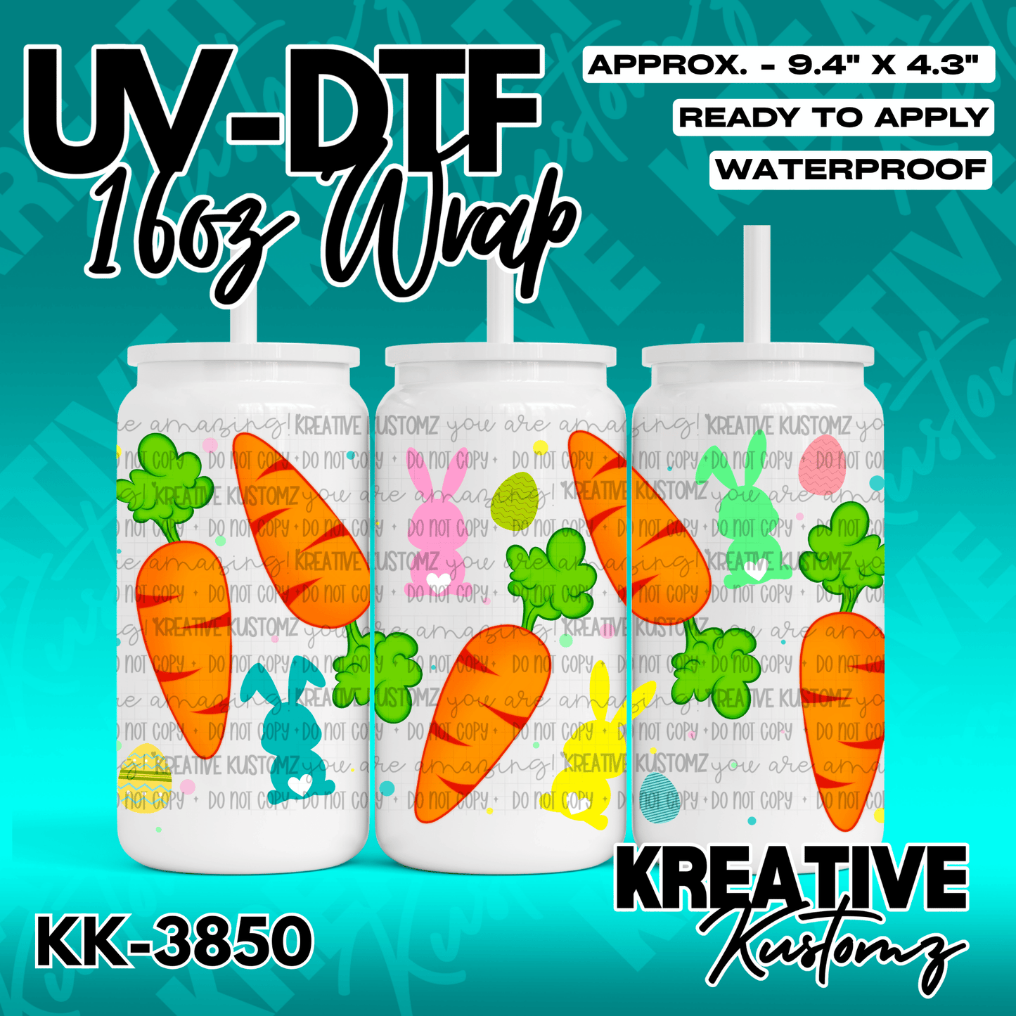 A UV DTF adhesive cup wrap featuring a colorful Easter pattern with carrots, bunnies, and eggs.