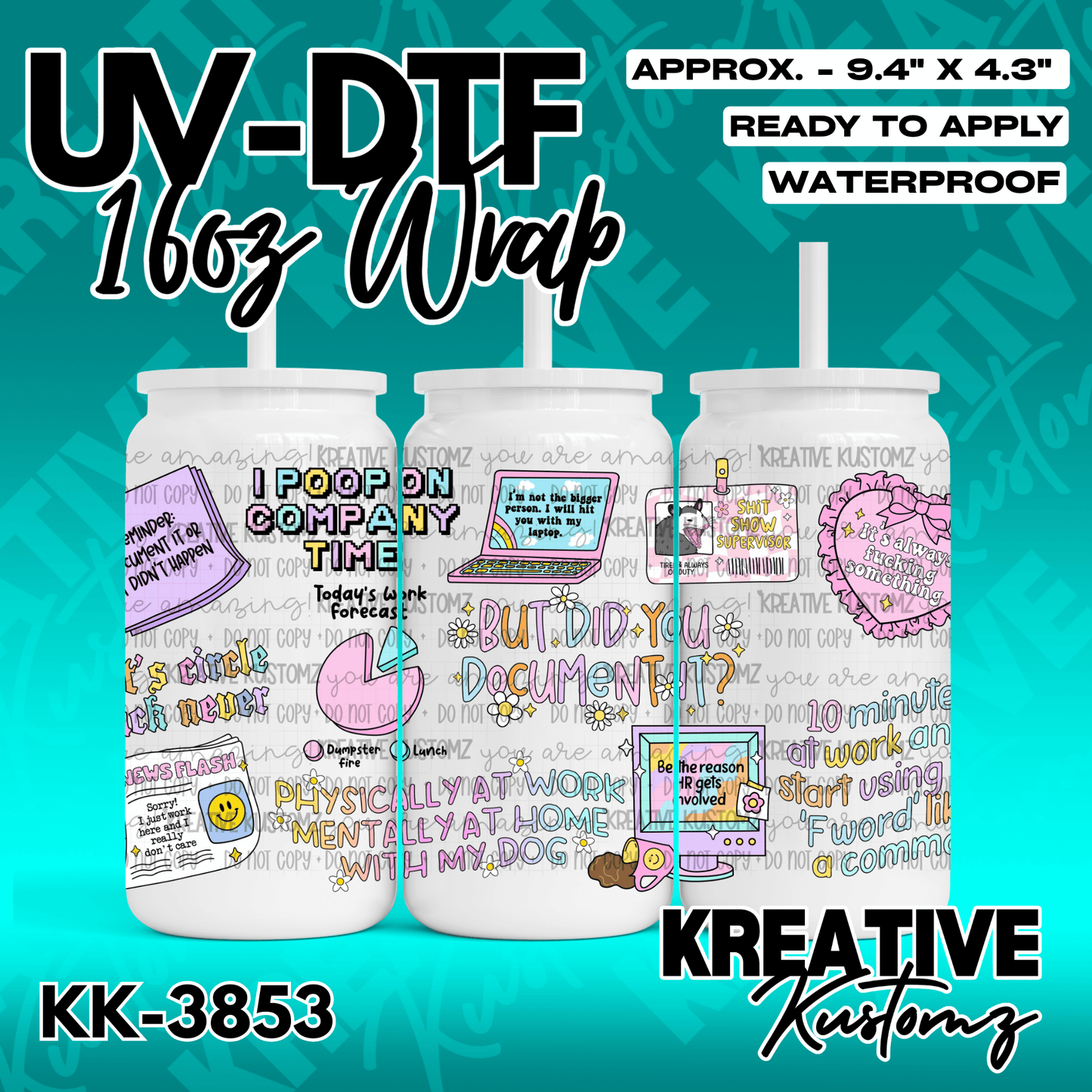 A colorful UV DTF adhesive wrap for a 16oz glass can featuring various office-themed illustrations.