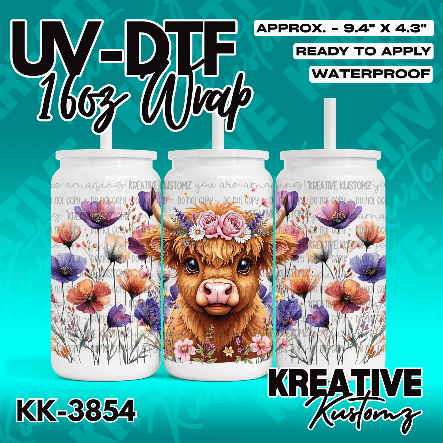 A floral UV DTF cup wrap featuring a highland cow with a flower crown for 16oz glass cans.