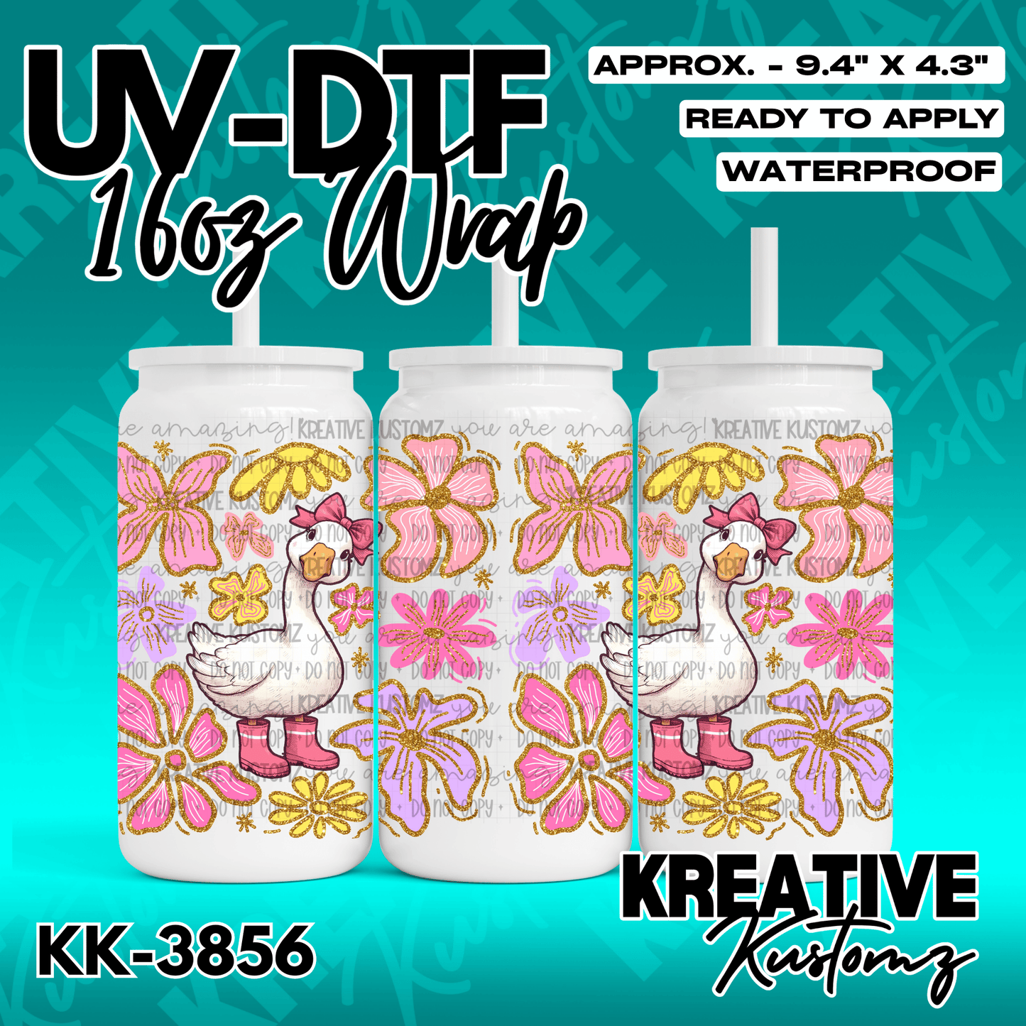 A UV DTF cup wrap featuring a cartoon goose in pink boots surrounded by colorful flowers.
