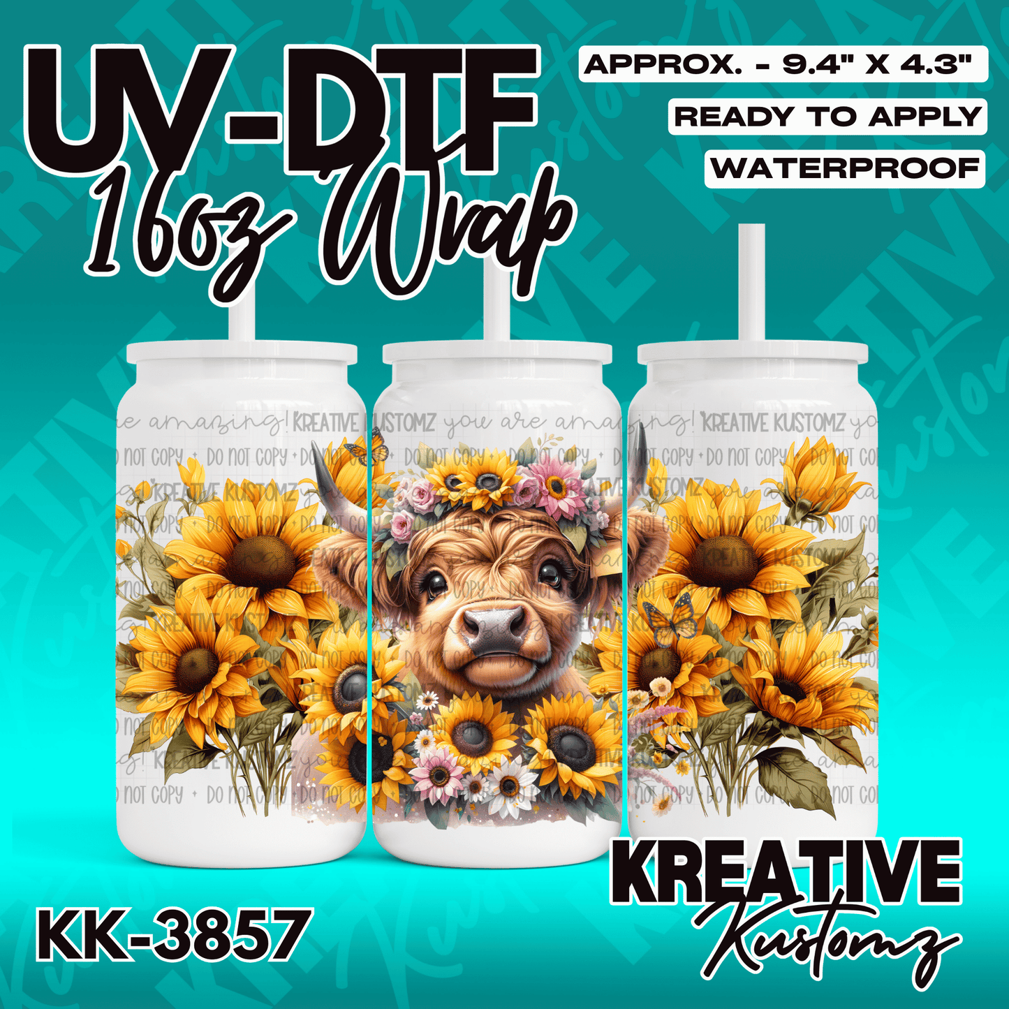 A UV DTF adhesive wrap for a 16oz glass can featuring a highland cow surrounded by sunflowers.
