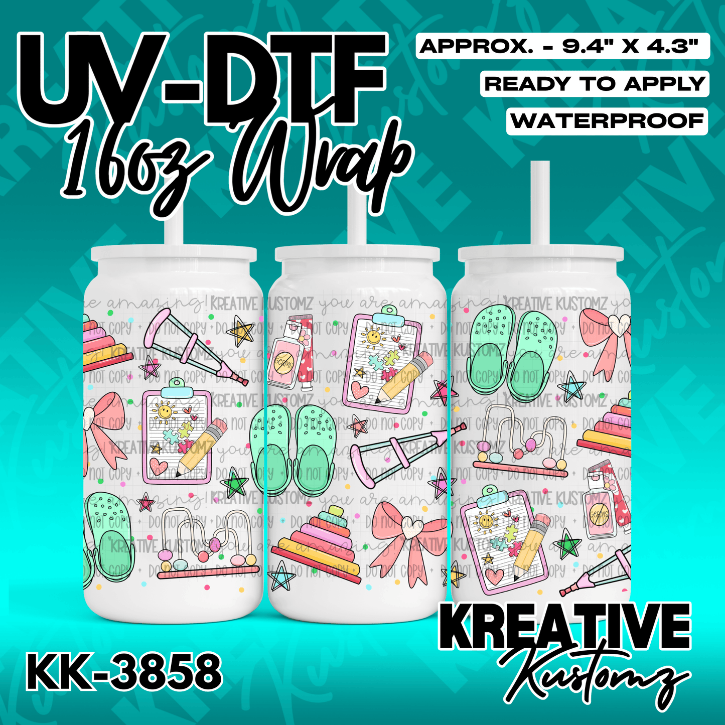 A waterproof UV DTF adhesive wrap for 16oz glass cans featuring a colorful pediatric theme.