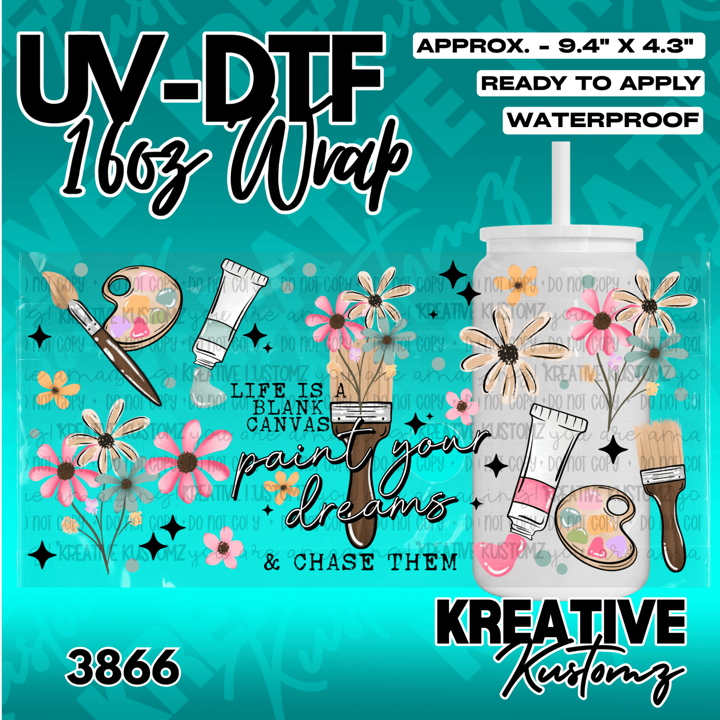 A UV DTF adhesive wrap for a 16oz glass cup featuring paint brushes, palettes, and floral designs.