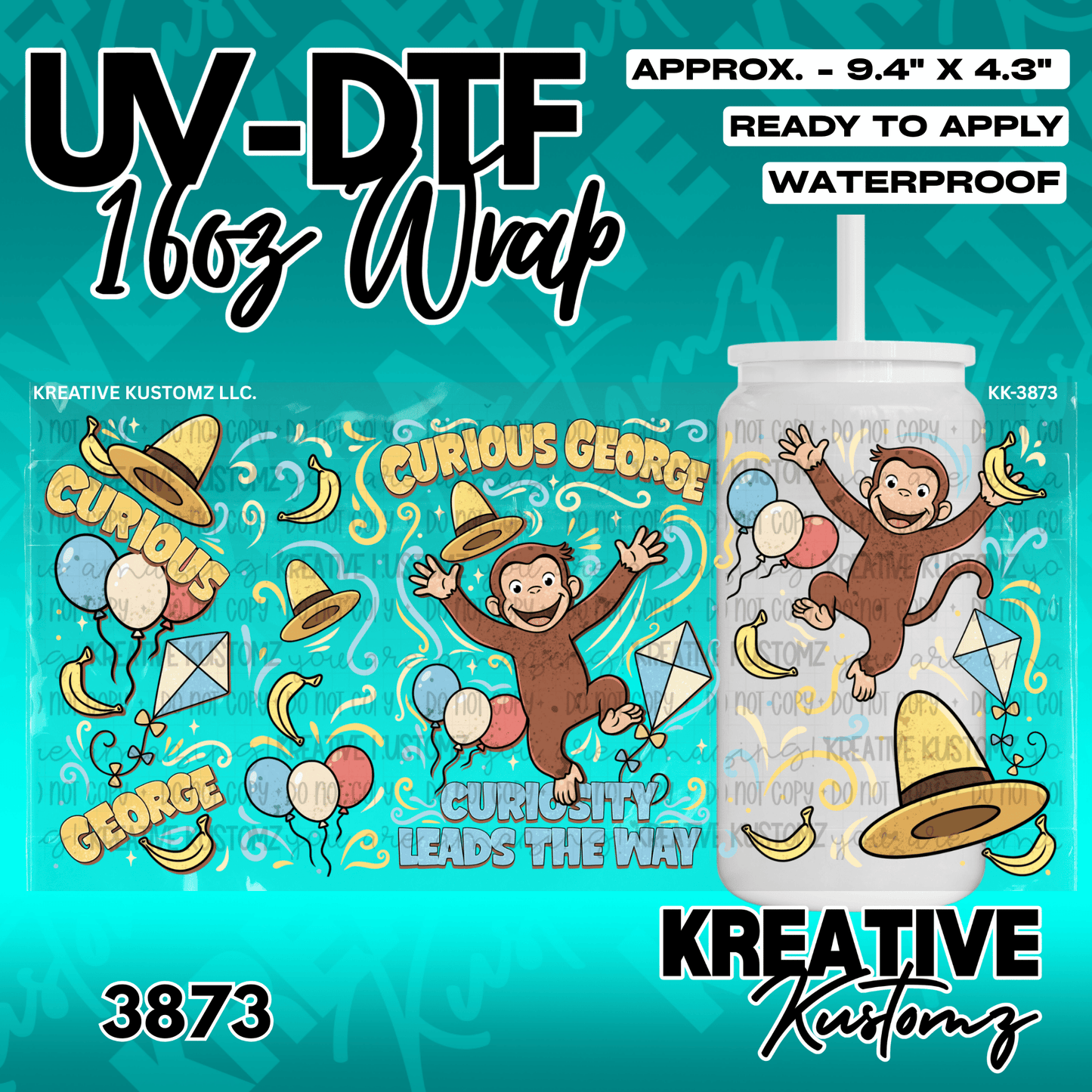 A Curious George themed adhesive wrap for a 16oz glass cup featuring balloons and bananas.