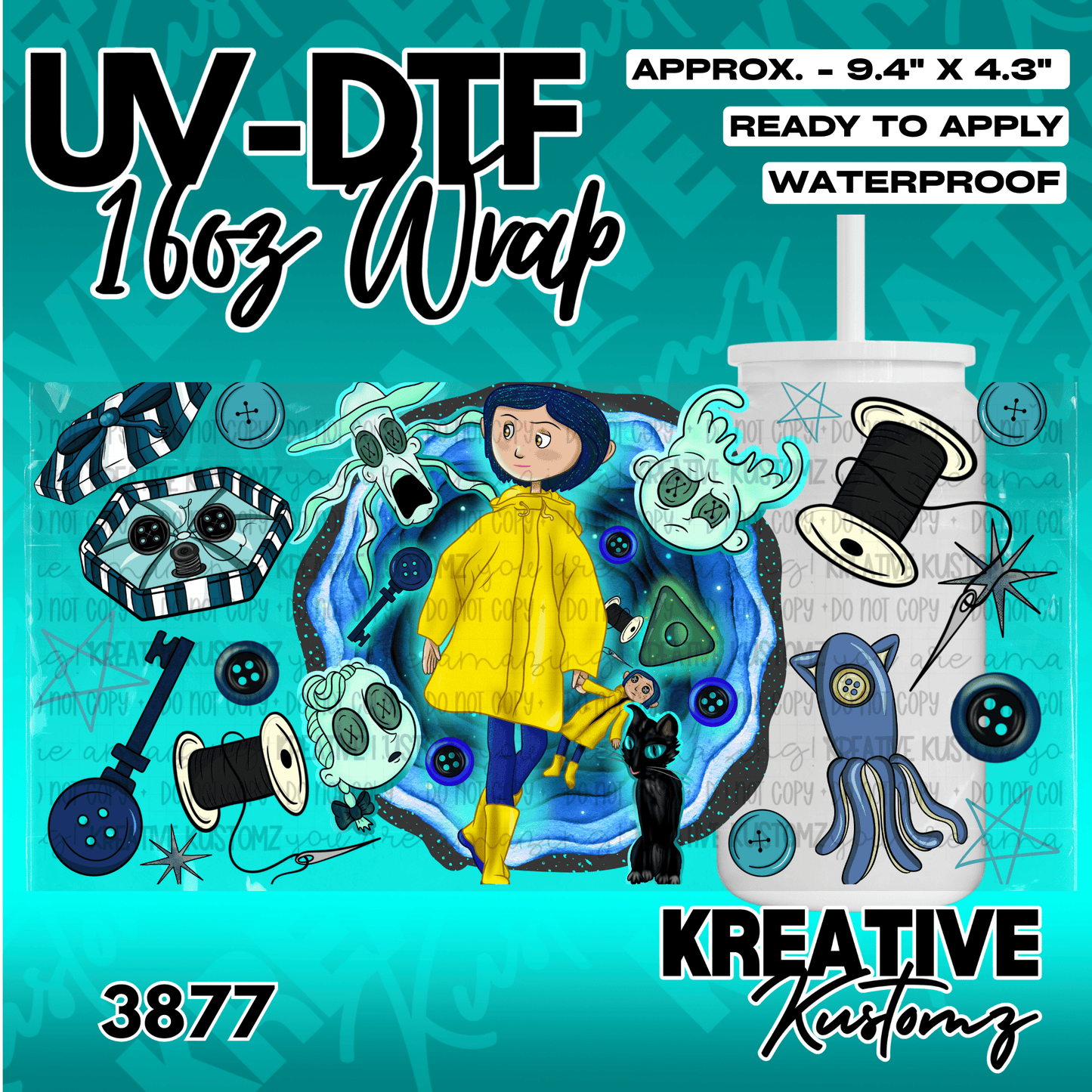 A Coraline themed UV DTF adhesive wrap for a 16oz glass cup featuring characters and icons.