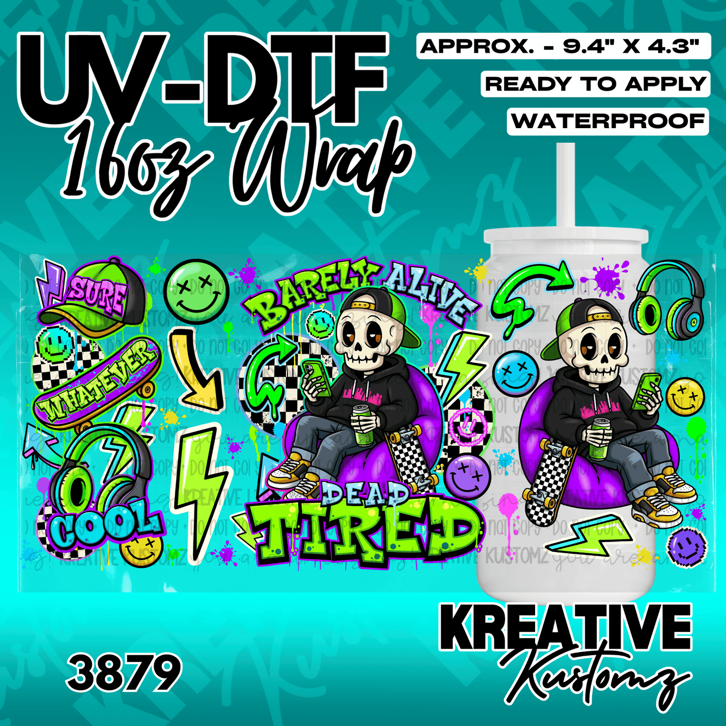 A UV DTF adhesive wrap for 16oz glass cups featuring a skeleton character and neon graphics.