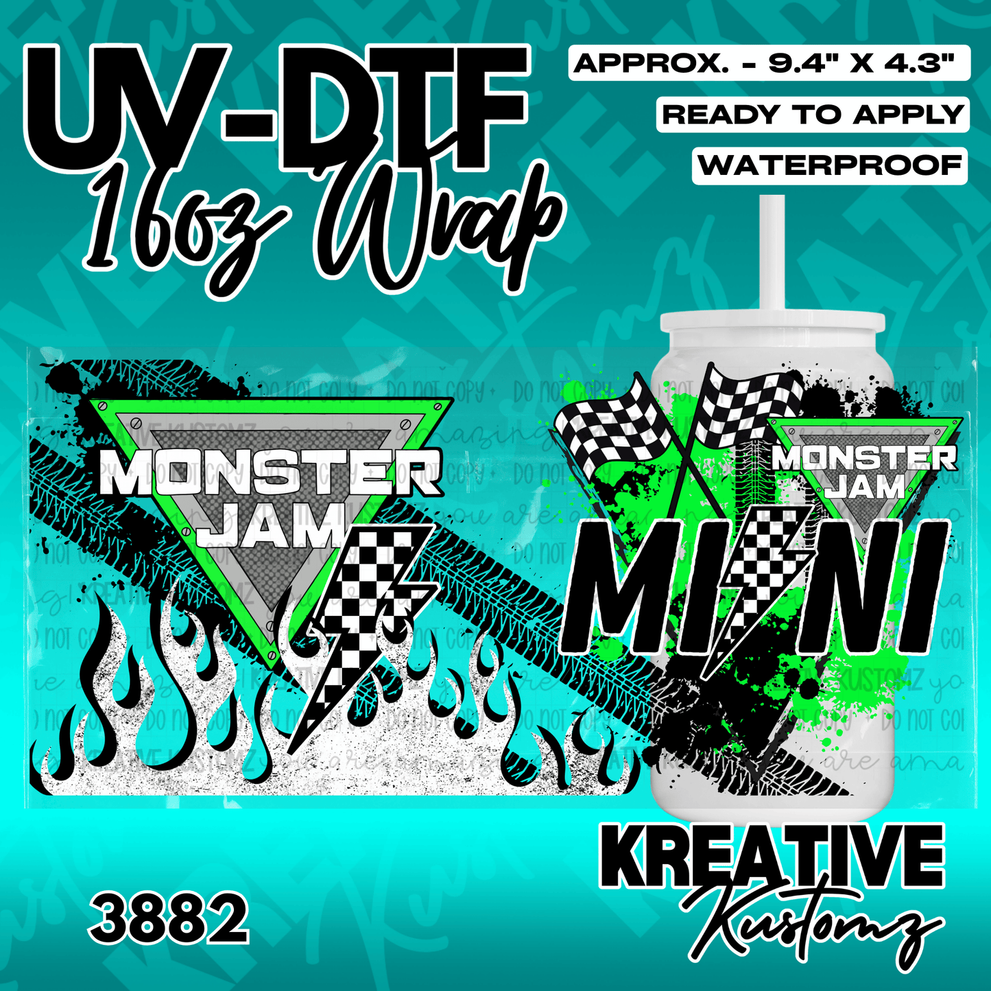 A UV DTF cup wrap featuring Monster Jam themed graphics with checkered flags and tire tracks.