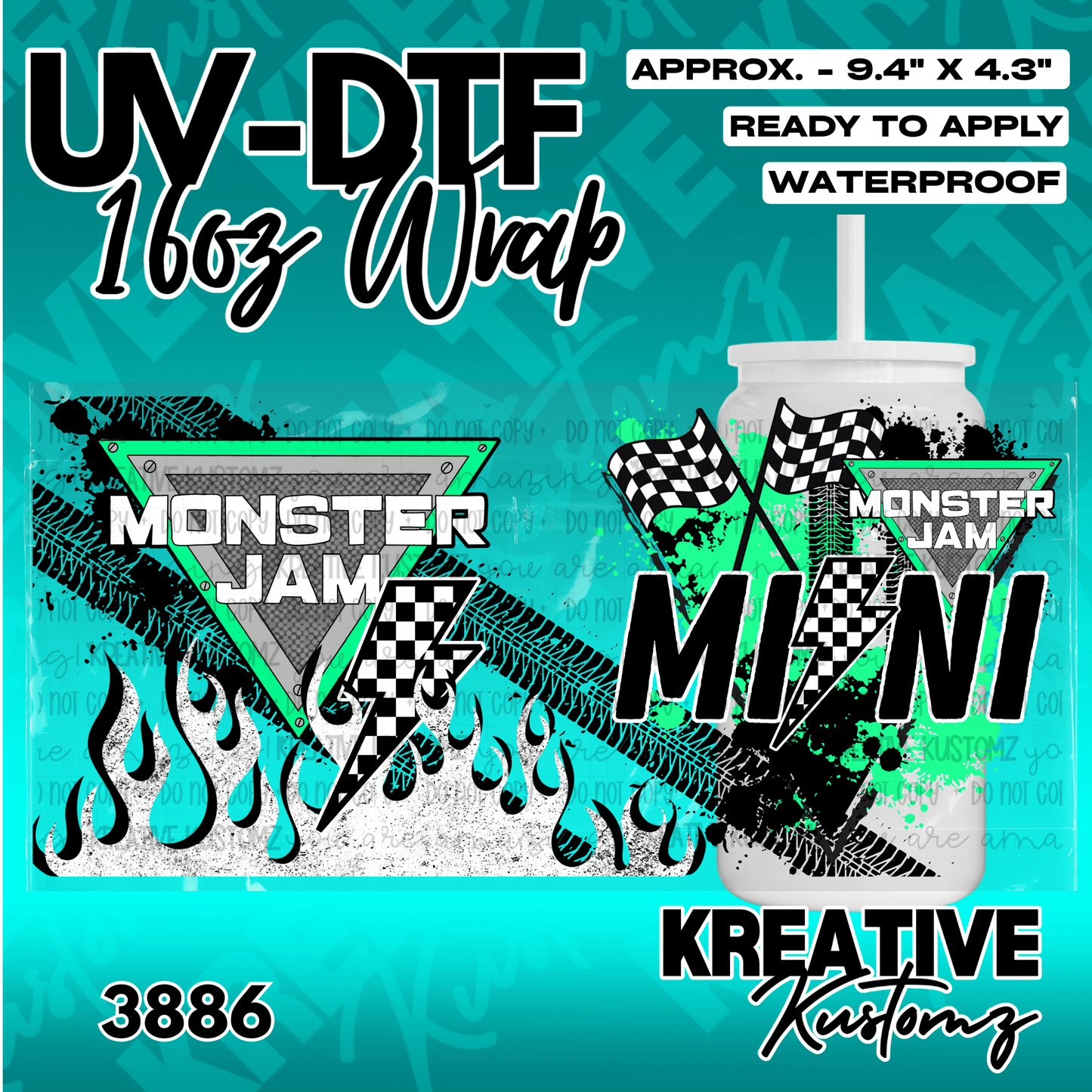 A UV DTF cup wrap featuring Monster Jam themed graphics with checkered flags and tire tracks.