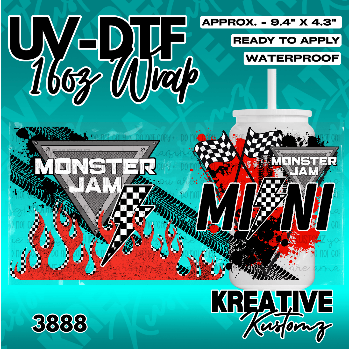 A Monster Jam themed UV DTF wrap for a 16oz glass can featuring racing flags and flames.