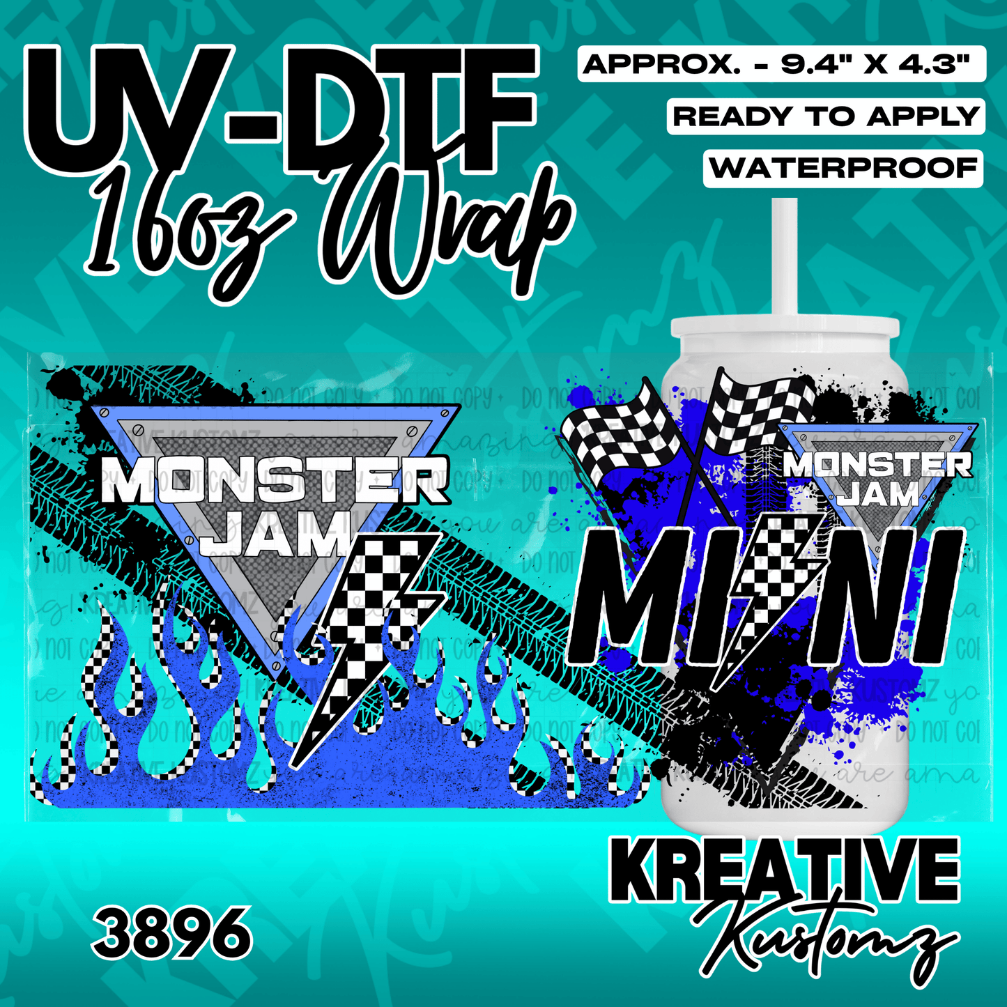 A Monster Jam themed UV DTF adhesive wrap for a 16oz glass cup featuring blue flames and tires.