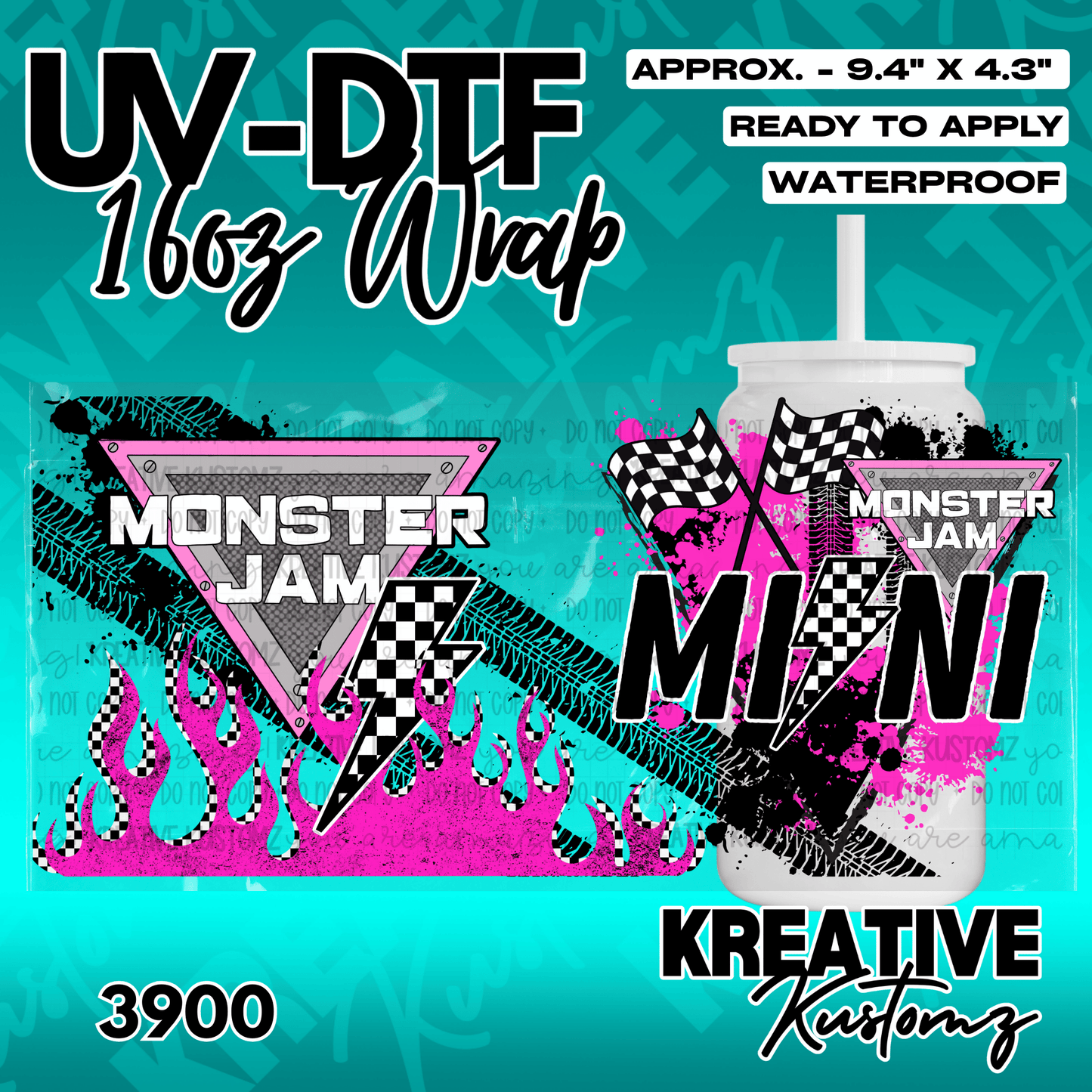 A Monster Jam themed UV DTF wrap for a 16oz glass can featuring pink flames and checkered flags.