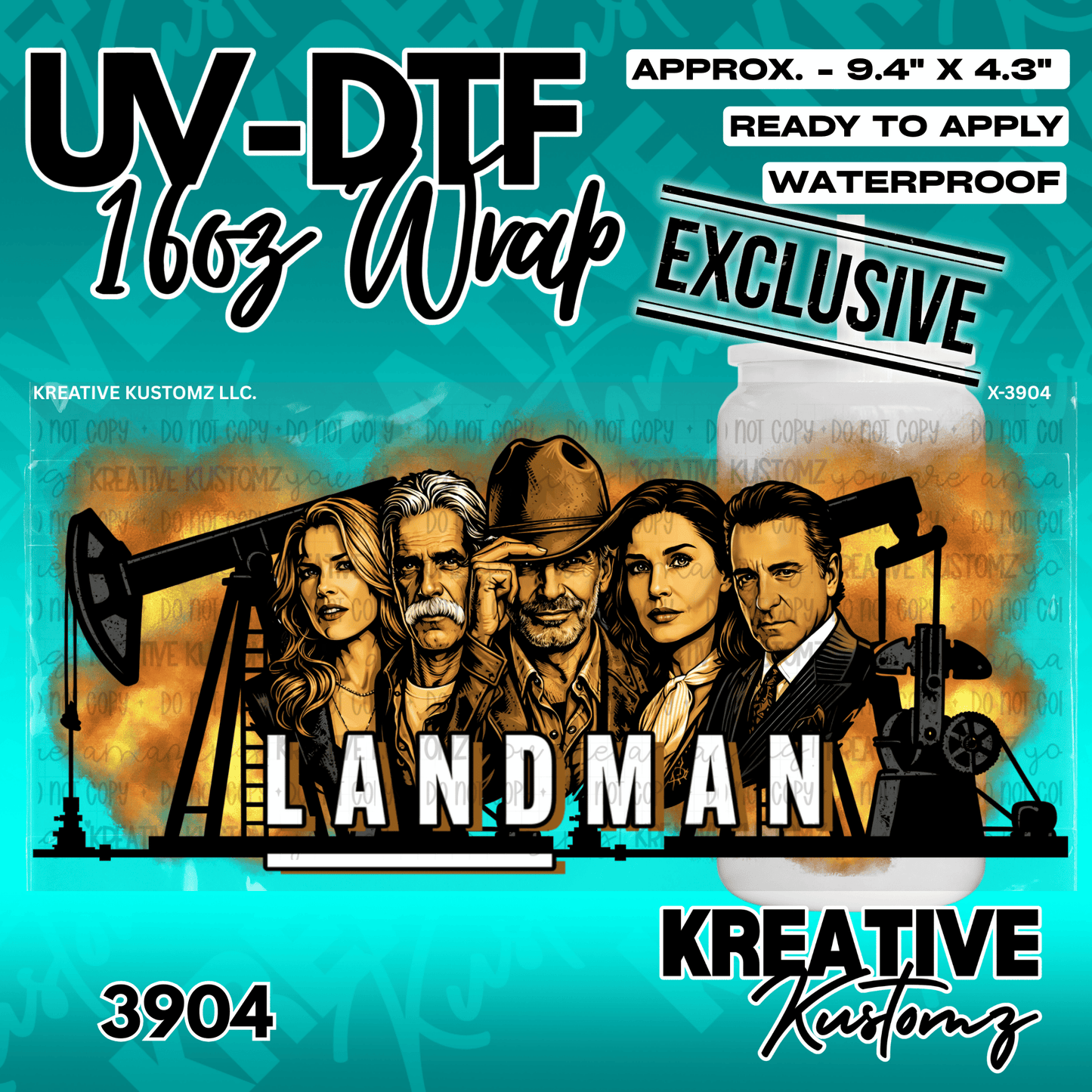 A UV DTF adhesive cup wrap featuring a Landman themed design with five characters and oil rigs.