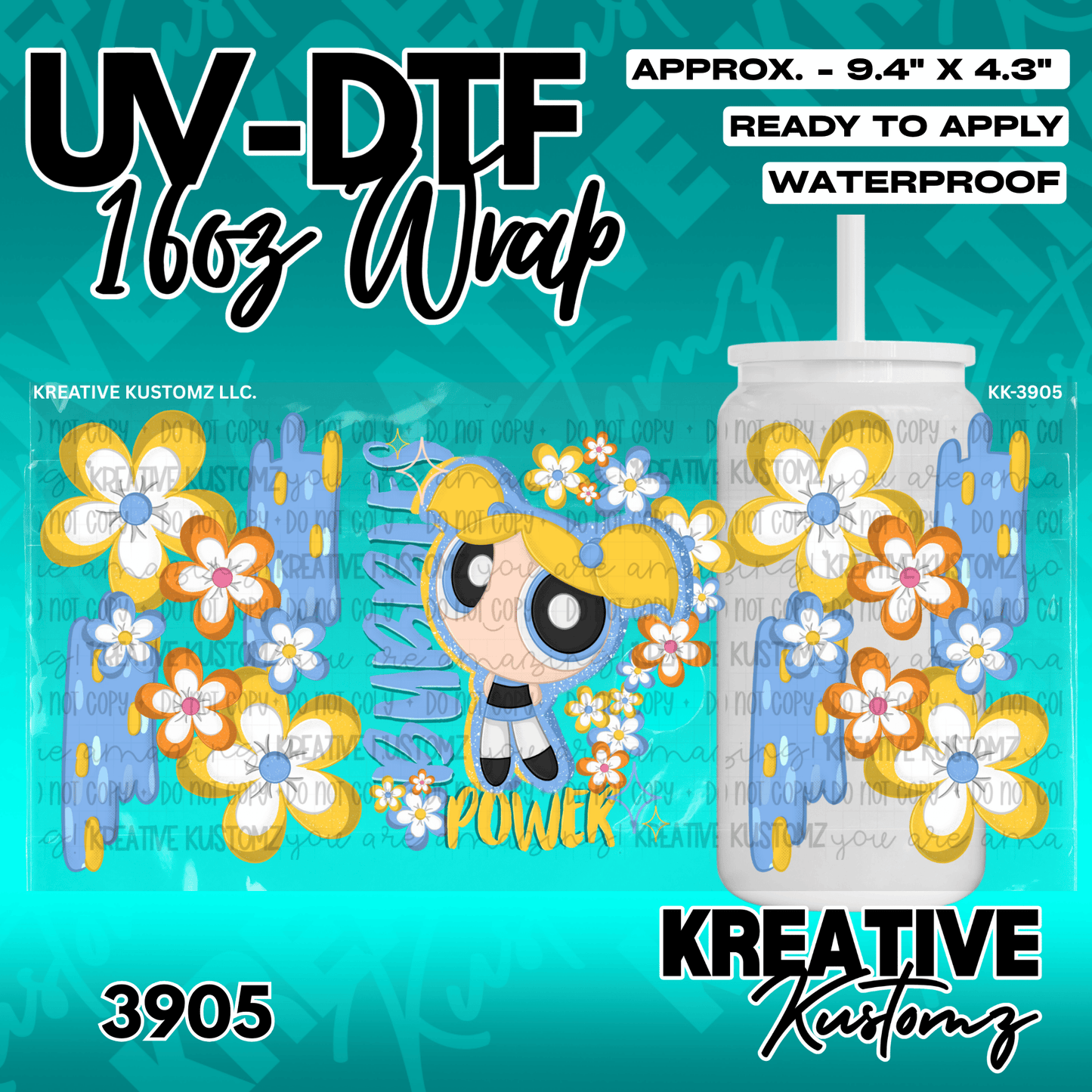 A floral UV DTF wrap for a 16oz glass can featuring a cartoon character and blue accents.