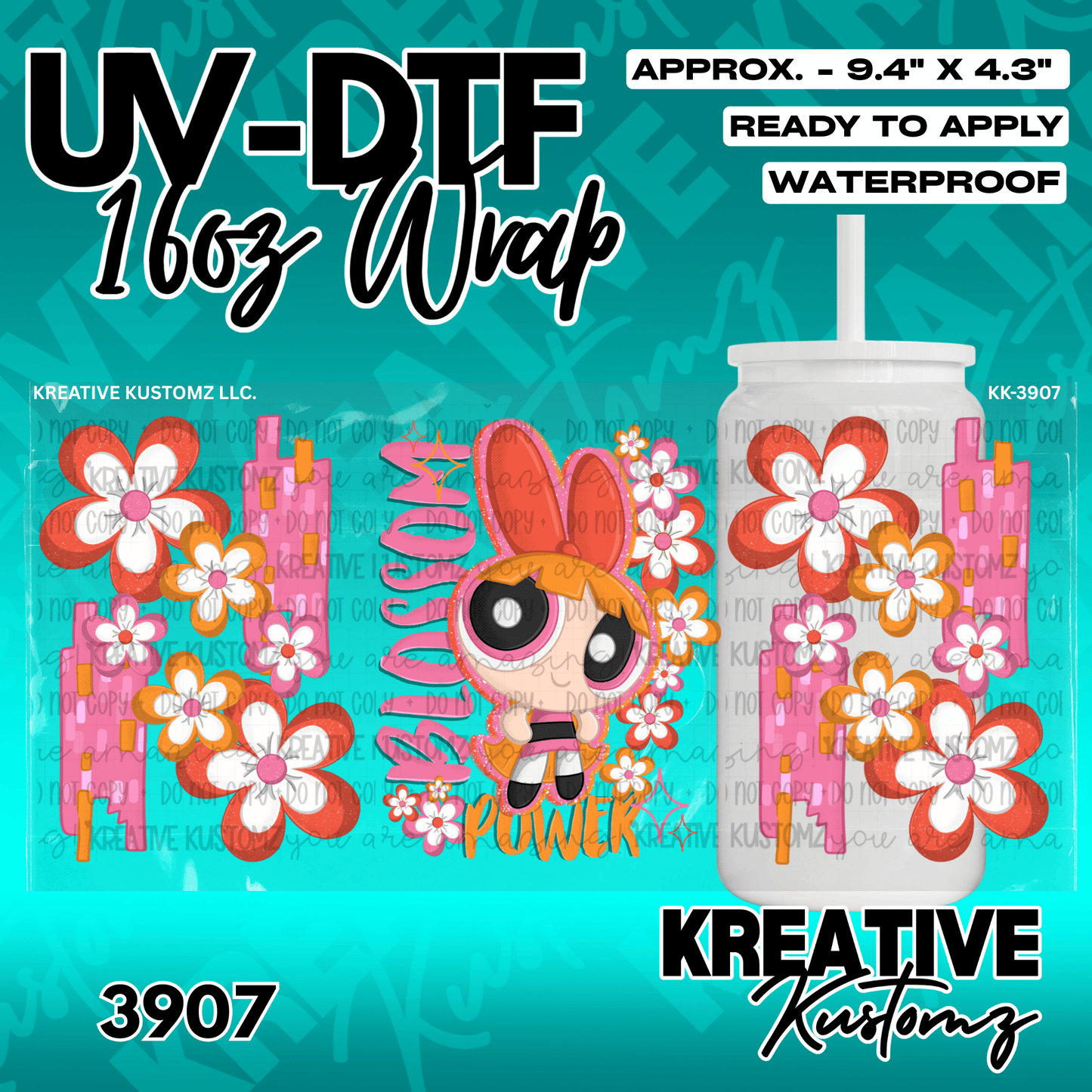 A UV DTF adhesive cup wrap featuring Blossom from The Powerpuff Girls surrounded by retro flowers.