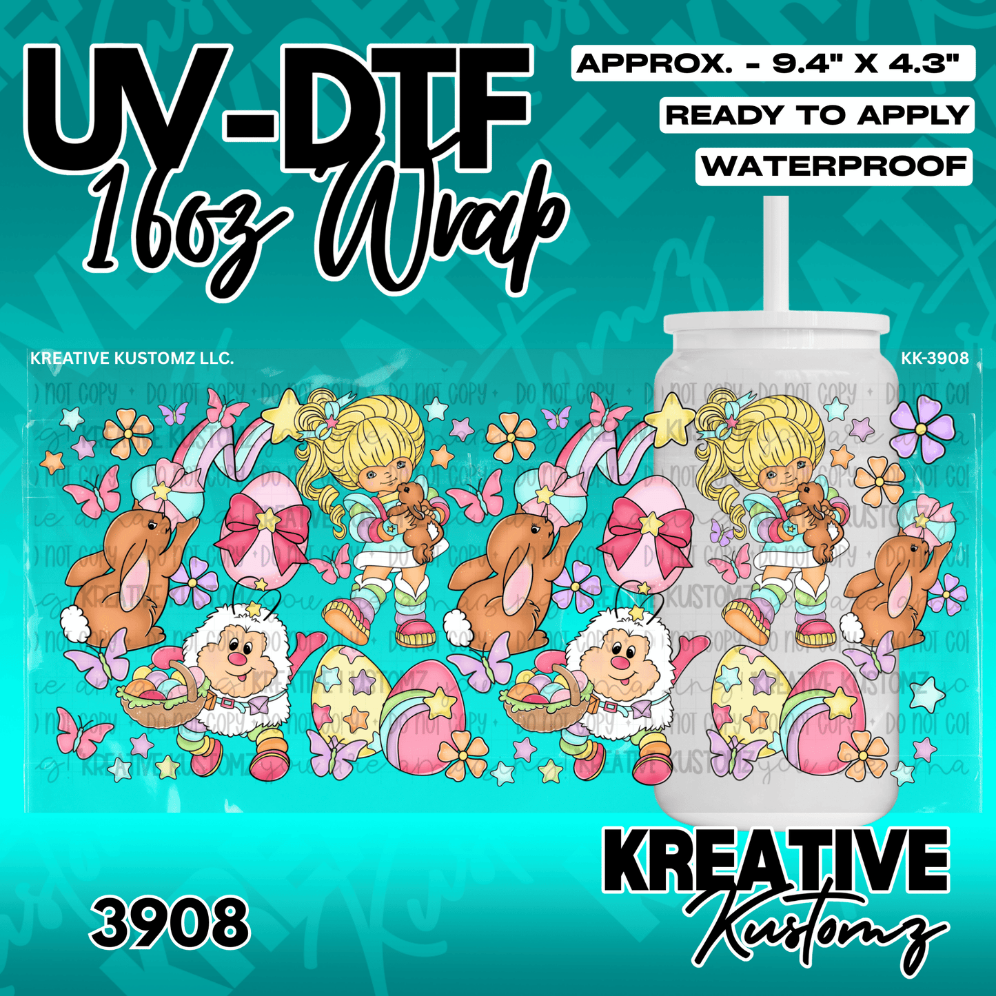 A UV DTF cup wrap featuring a repeating pattern of cartoon girls, bunnies, and Easter eggs.