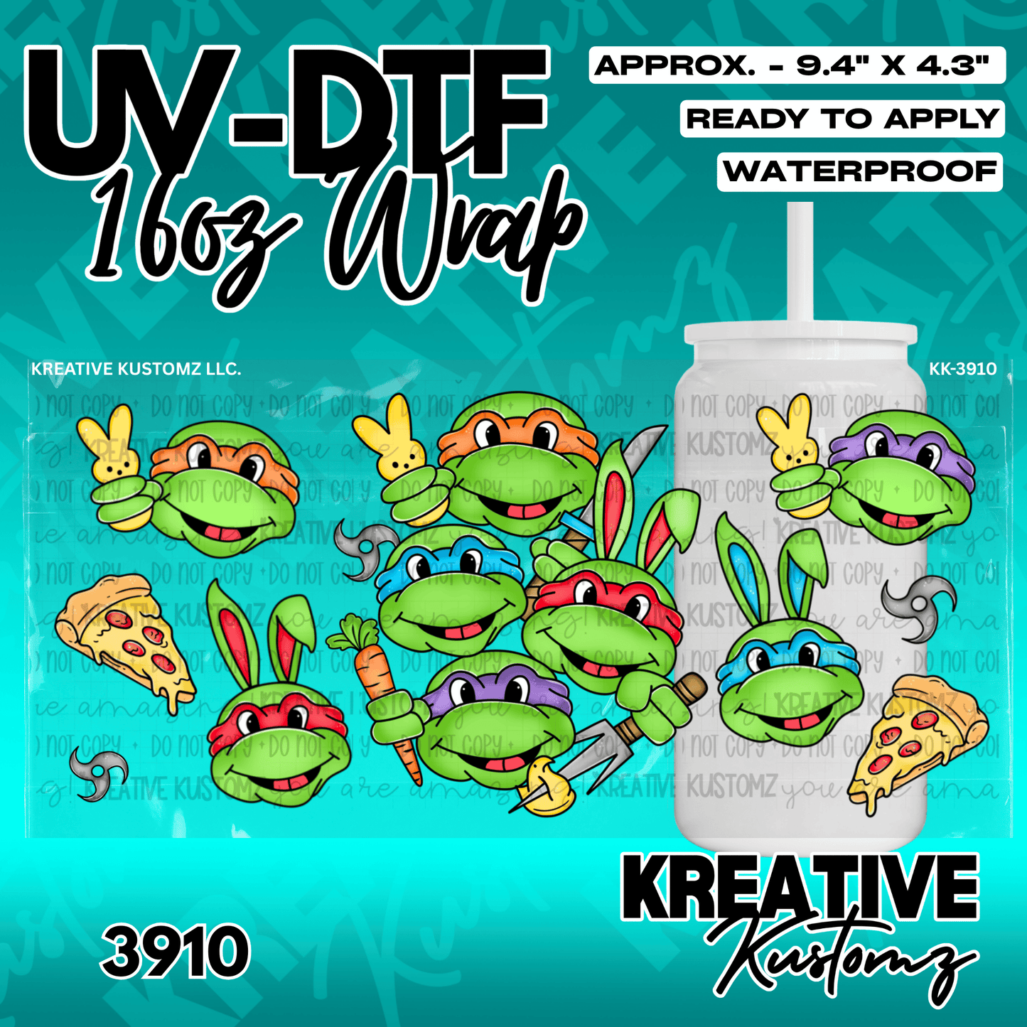 A UV DTF adhesive wrap featuring Teenage Mutant Ninja Turtles wearing bunny ears.