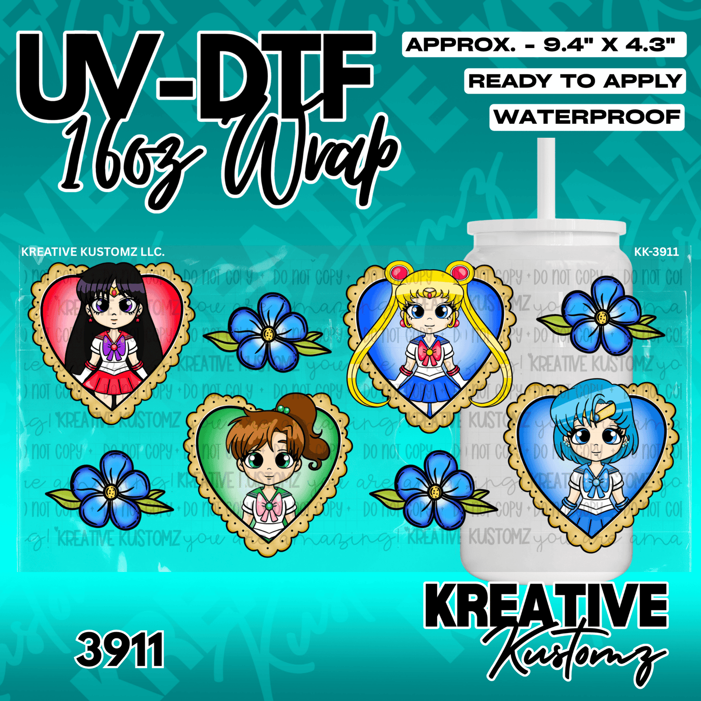 A UV DTF adhesive cup wrap featuring Sailor Moon characters in heart-shaped frames.