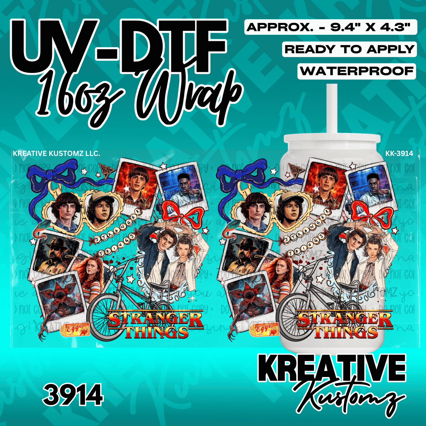 A Stranger Things themed UV DTF adhesive wrap for a 16oz glass cup featuring character portraits.