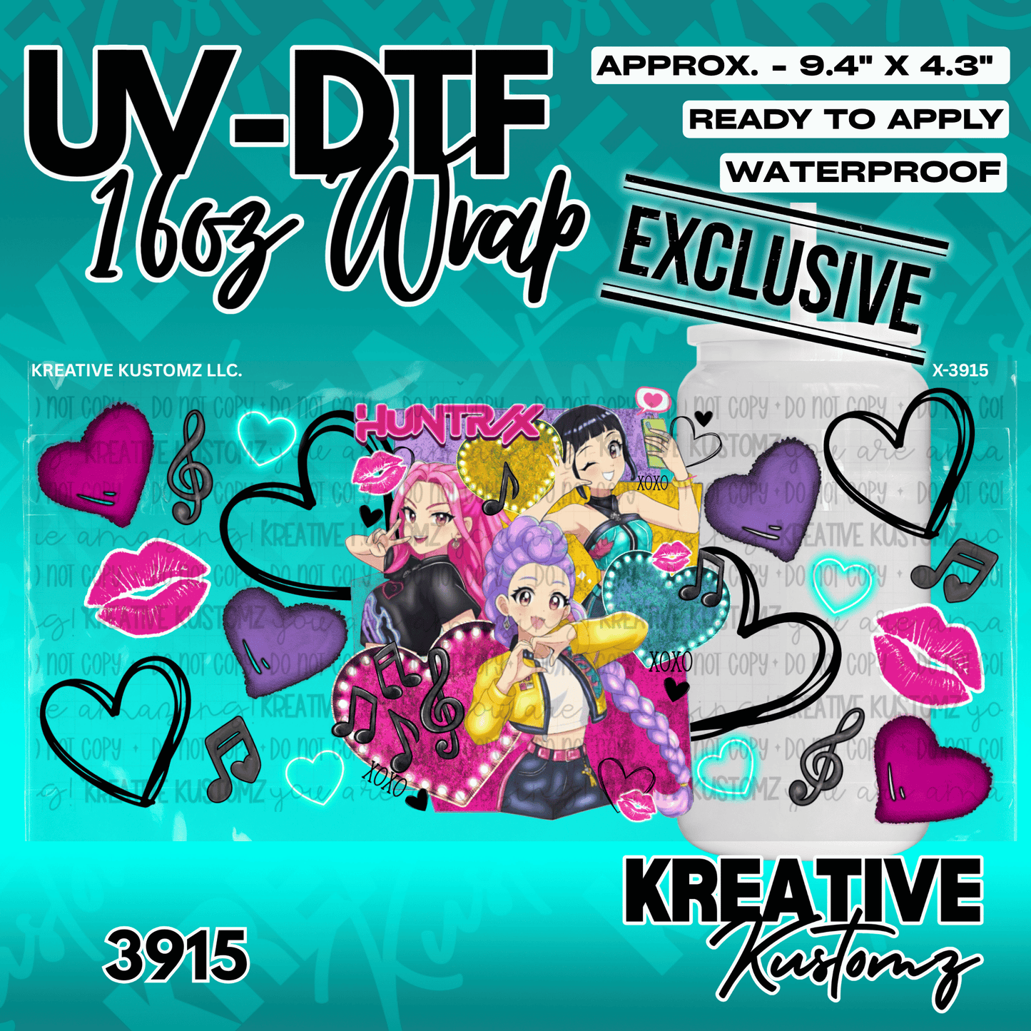 A UV DTF wrap for a 16oz glass cup featuring anime characters, hearts, and musical notes.
