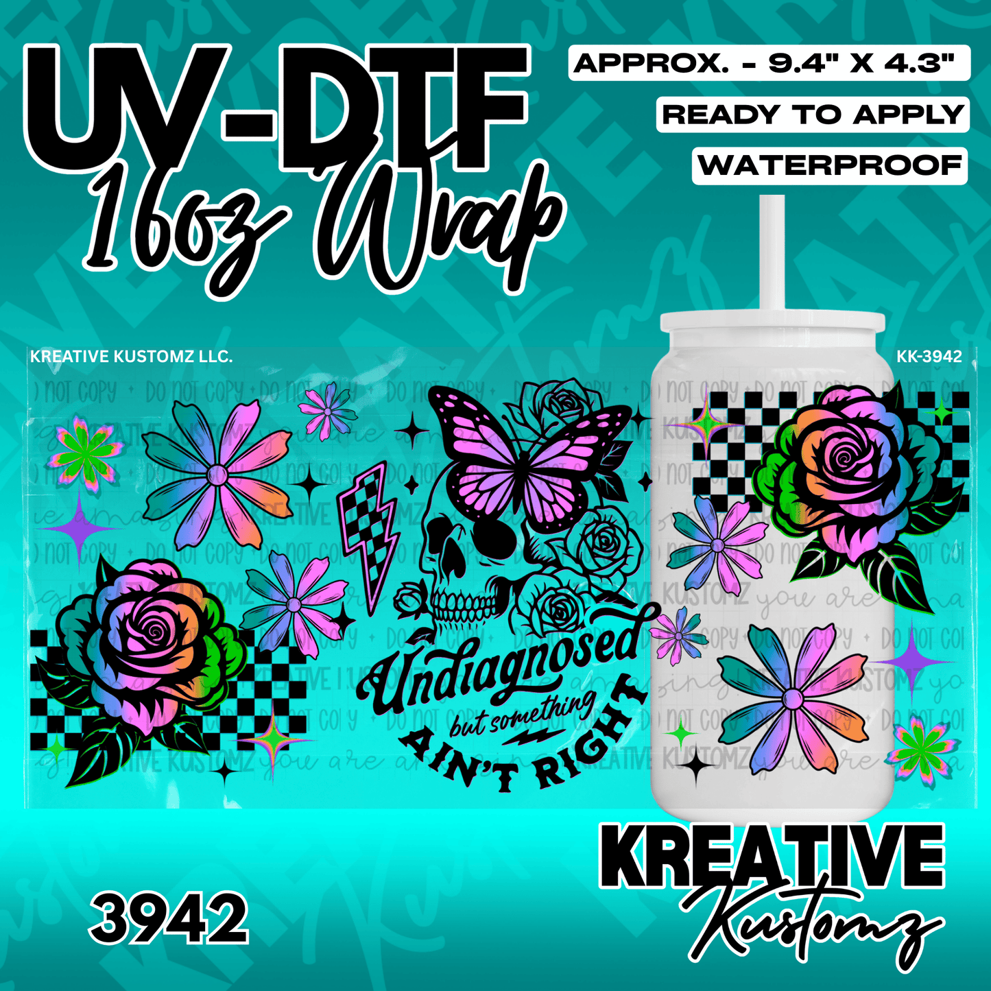 A vibrant floral and skull UV DTF wrap for a 16oz glass can featuring colorful roses and butterflies.