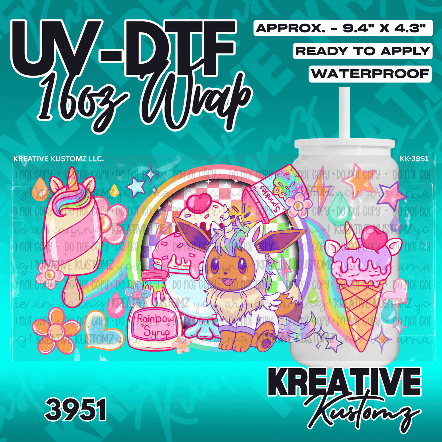 A colorful UV DTF cup wrap featuring a cartoon creature in a unicorn hood surrounded by sweets.
