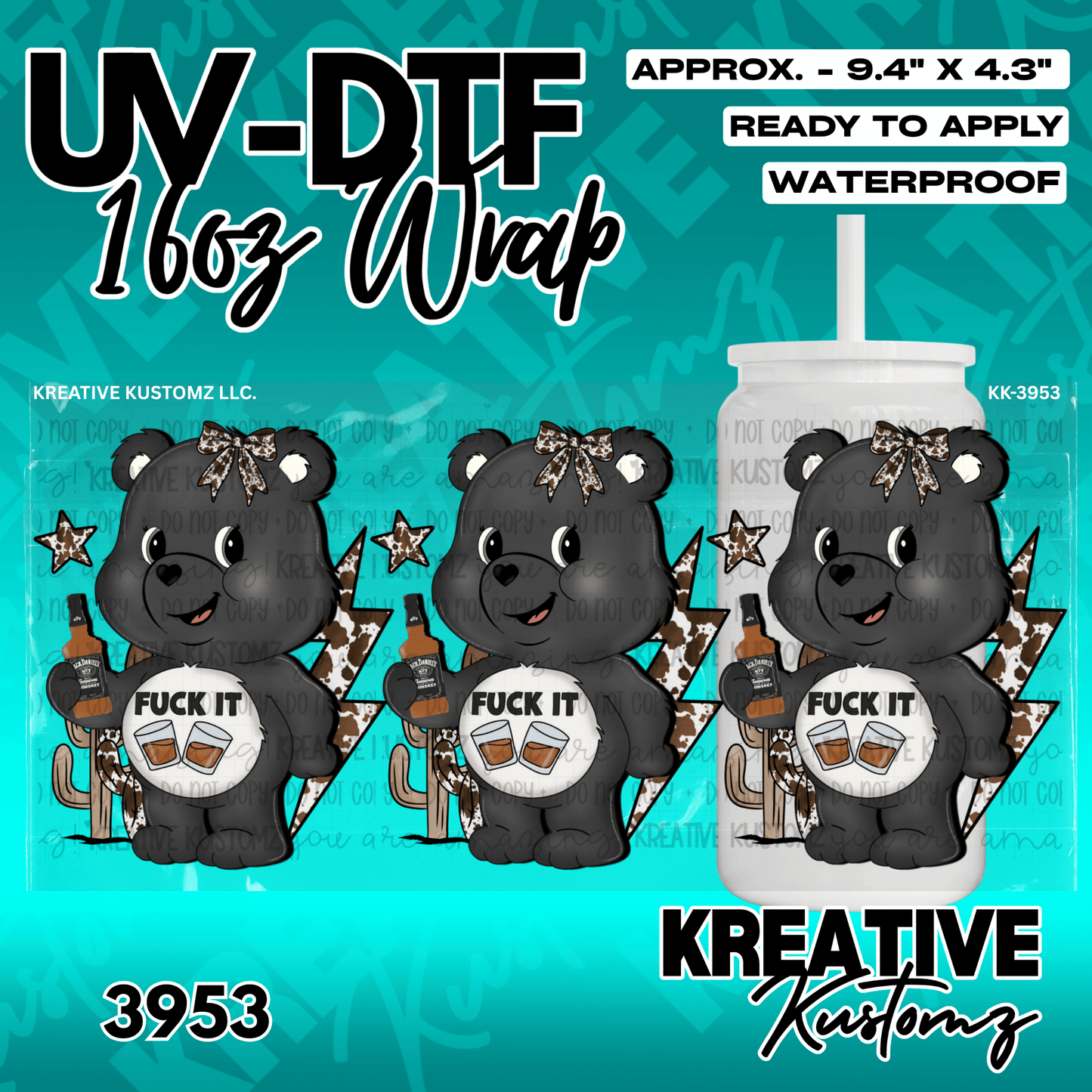 A UV DTF cup wrap featuring a cartoon bear holding a whiskey bottle and glasses.