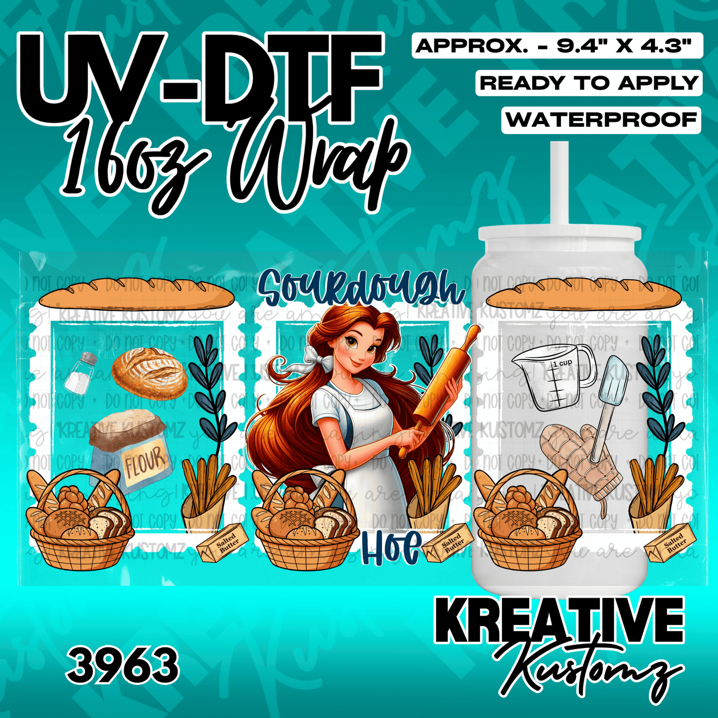 A UV DTF cup wrap featuring a cartoon baker and sourdough bread illustrations for a 16oz glass.