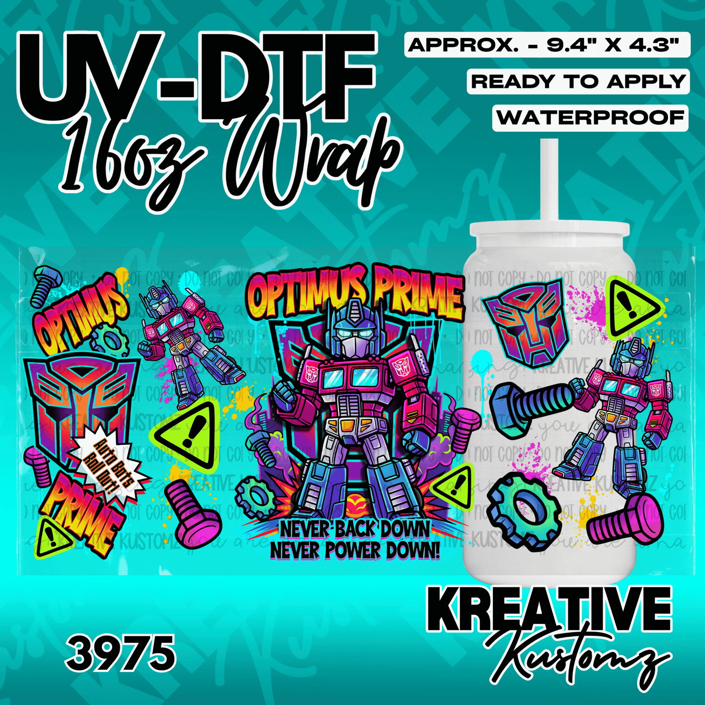 A vibrant Optimus Prime themed UV DTF adhesive wrap for a 16oz glass can.