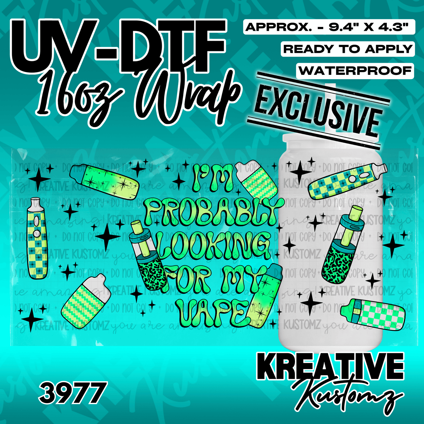A green and black patterned vape themed UV DTF wrap for a 16oz glass cup.