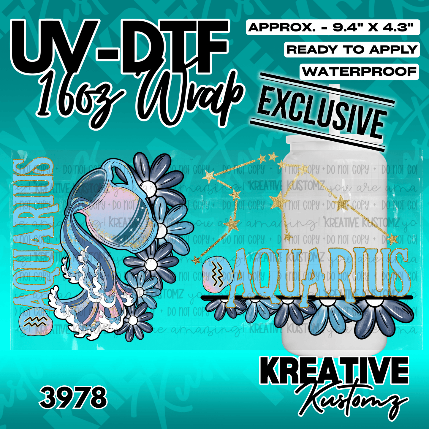 An Aquarius themed UV DTF adhesive wrap for a 16oz glass cup featuring blue flowers and stars.