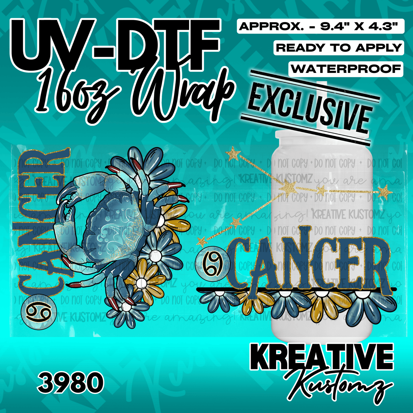 A Cancer zodiac themed UV DTF wrap for a 16oz glass cup featuring a blue crab and floral designs.