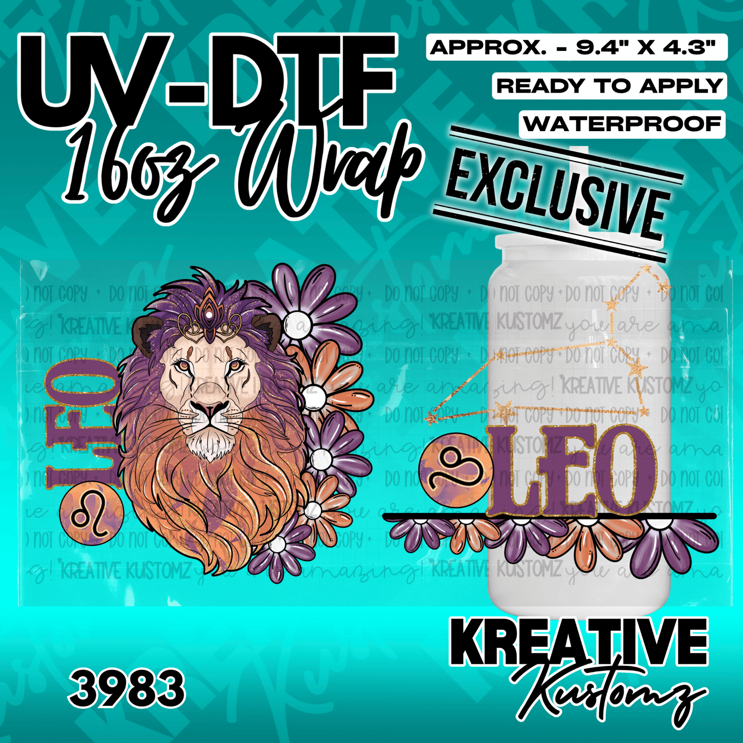 A Leo zodiac themed UV DTF adhesive wrap for a 16 ounce glass cup featuring a lion and flowers.
