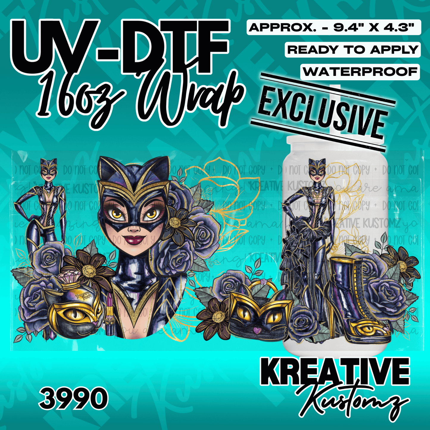 A UV DTF cup wrap featuring a cat-themed fashion illustration with purple roses and gold accents.