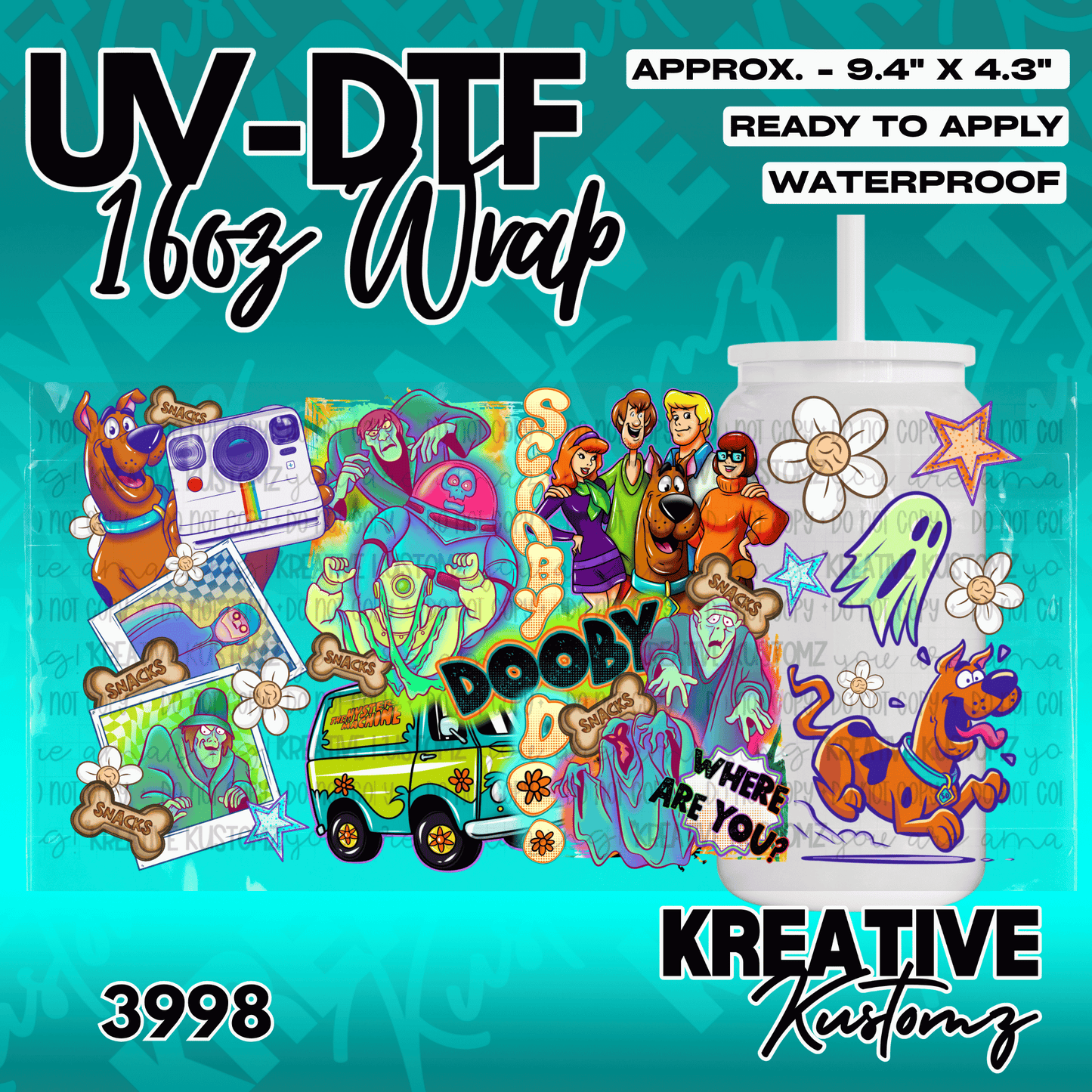 A Scooby-Doo themed UV DTF adhesive wrap for a 16oz glass can.