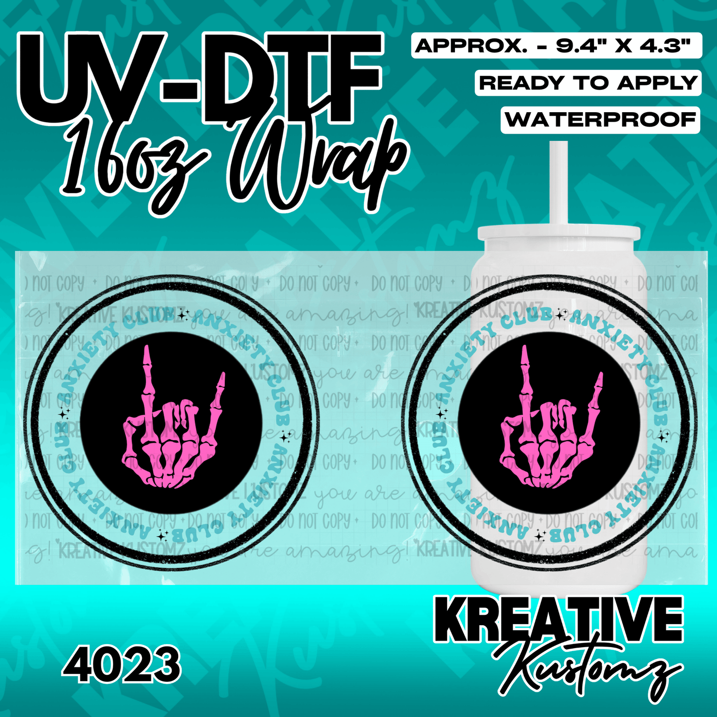 A UV DTF adhesive cup wrap featuring a pink skeleton hand gesture inside a circular logo.