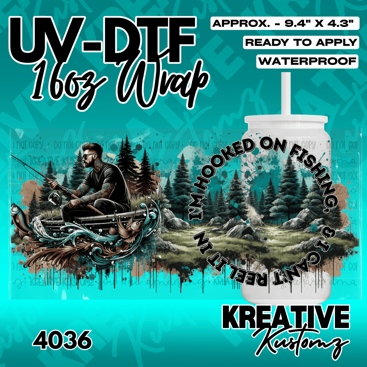 A UV DTF cup wrap featuring a man fishing in a boat with a forest background and circular text.